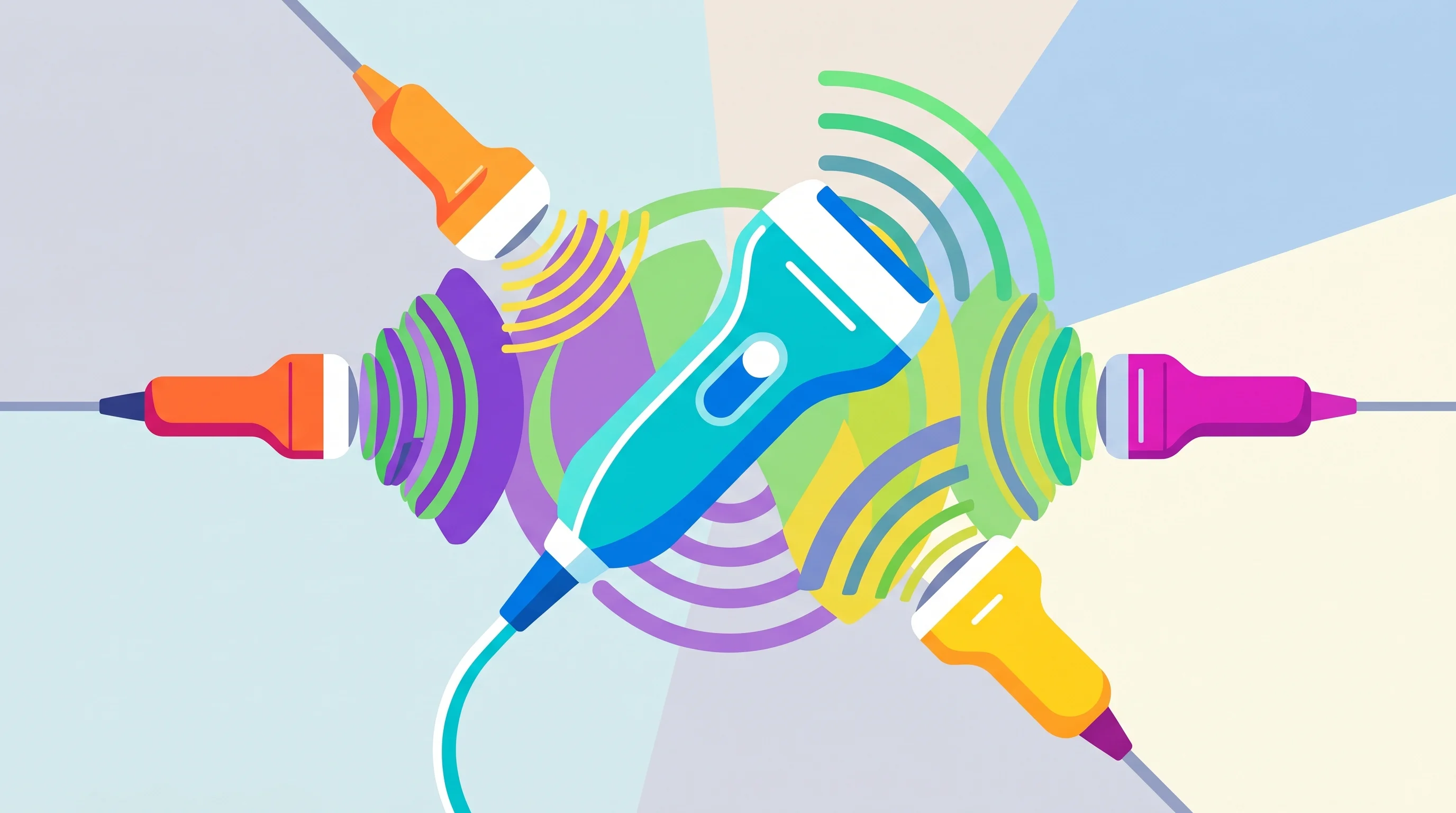 Digital illustration for article section "A Crowded, Fast-Moving Field" in "Vortex Imaging Raises $12M for Handheld 3D Medical Imaging Device" - A sleek, modern handheld ultrasound wand serves as the central focal point, playfully surrounded by ...