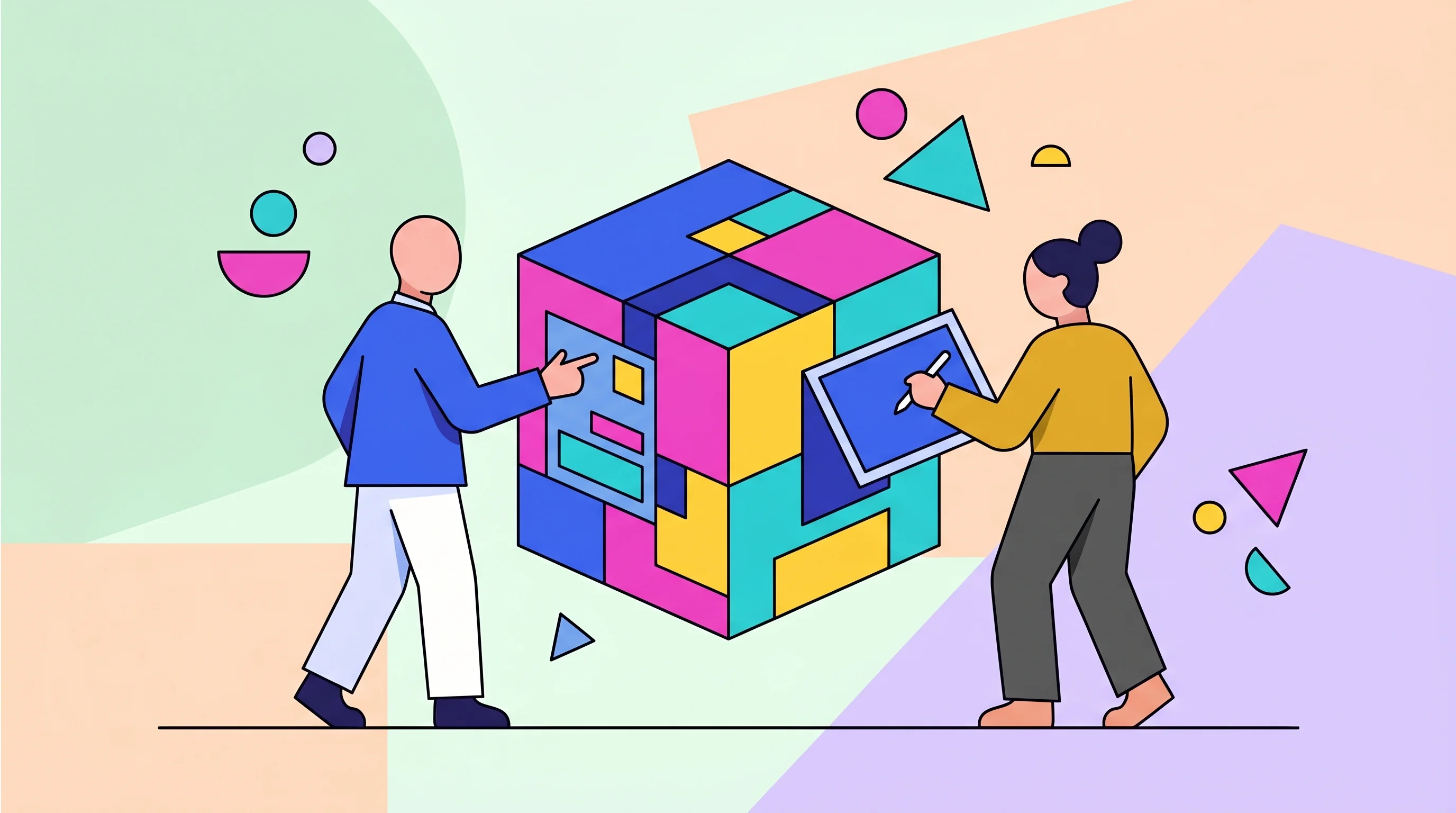 Digital illustration for article section "The People Behind the Probe" in "Vortex Imaging Raises $12M for Handheld 3D Medical Imaging Device" - An abstract and conceptual modern flat illustration blending minimalist design with subtle pop art i...