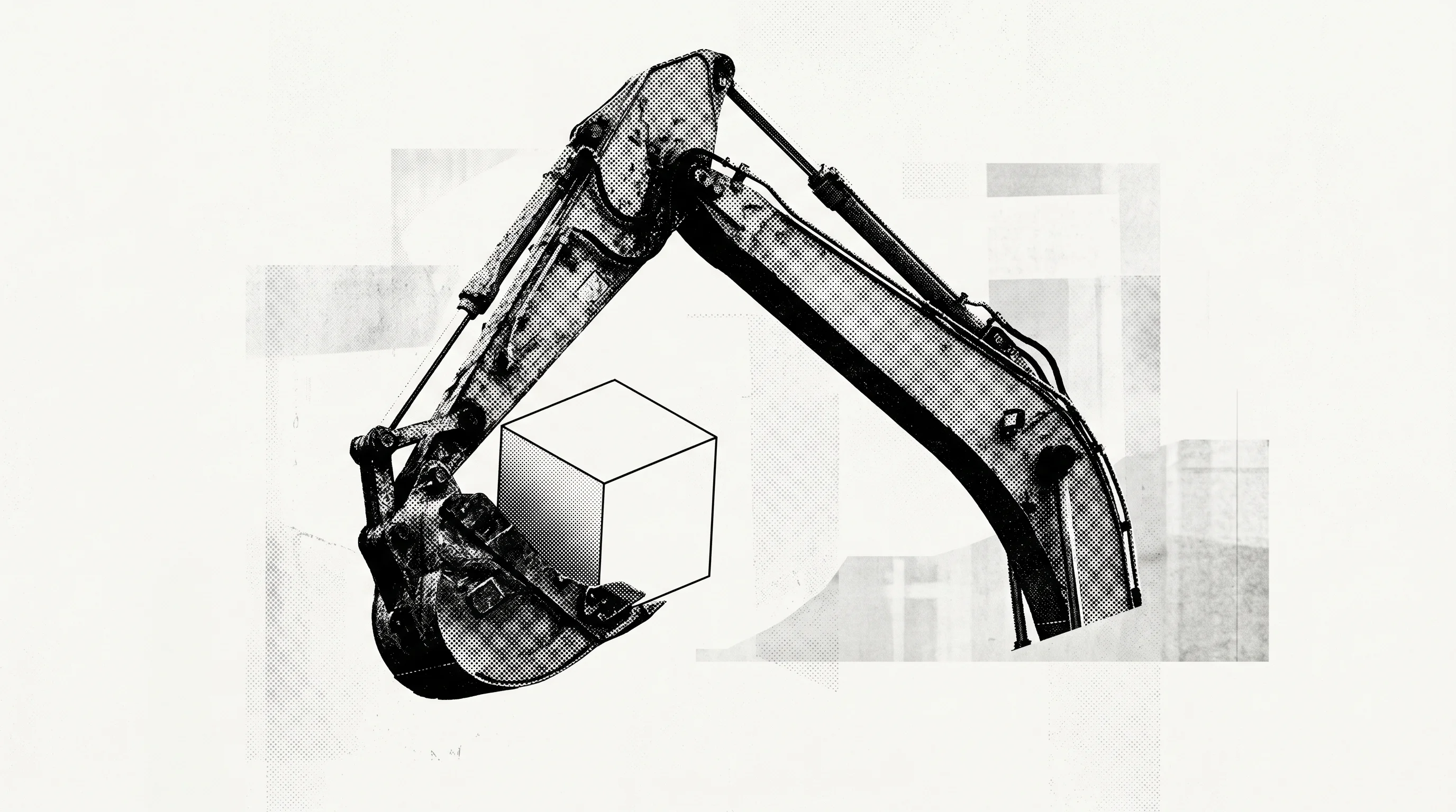 Digital illustration for article section "Tailwinds, or Just Wind?" in "Y Combinator's Spring 2026 Batch Bets on AI Factory Automation" - A striking, conceptual composition featuring a single, heavy construction excavator arm carefully li...