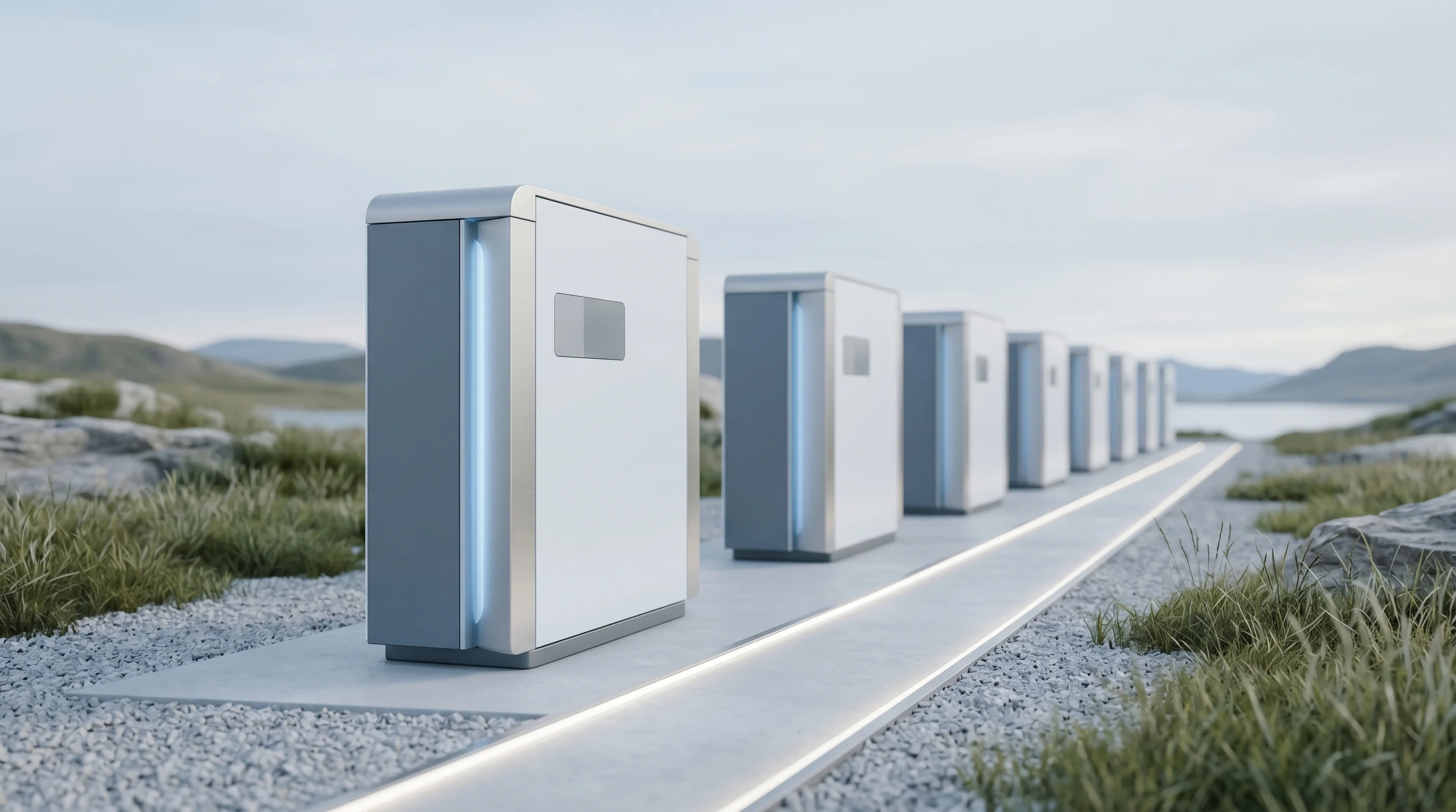 Digital illustration for article section "Early Traction, Ambitious Pipeline" in "Former Crypto Quant Raises $3.5M to Trade Energy Like a Hedge Fund" - A sleek, modern energy storage battery installation representing a massive power pipeline, rendered ...