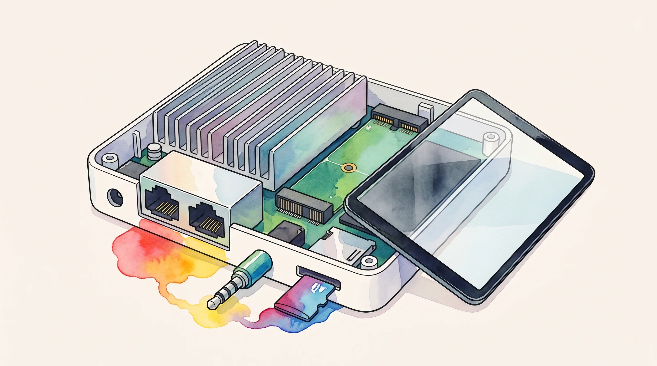 Digital illustration for article section "What's Actually Inside" in "Flipper One: Community-Built Linux Hacking Tool Seeks Developer Help" - A clean, minimal, and modern conceptual illustration of a disassembled networking device's internal ...