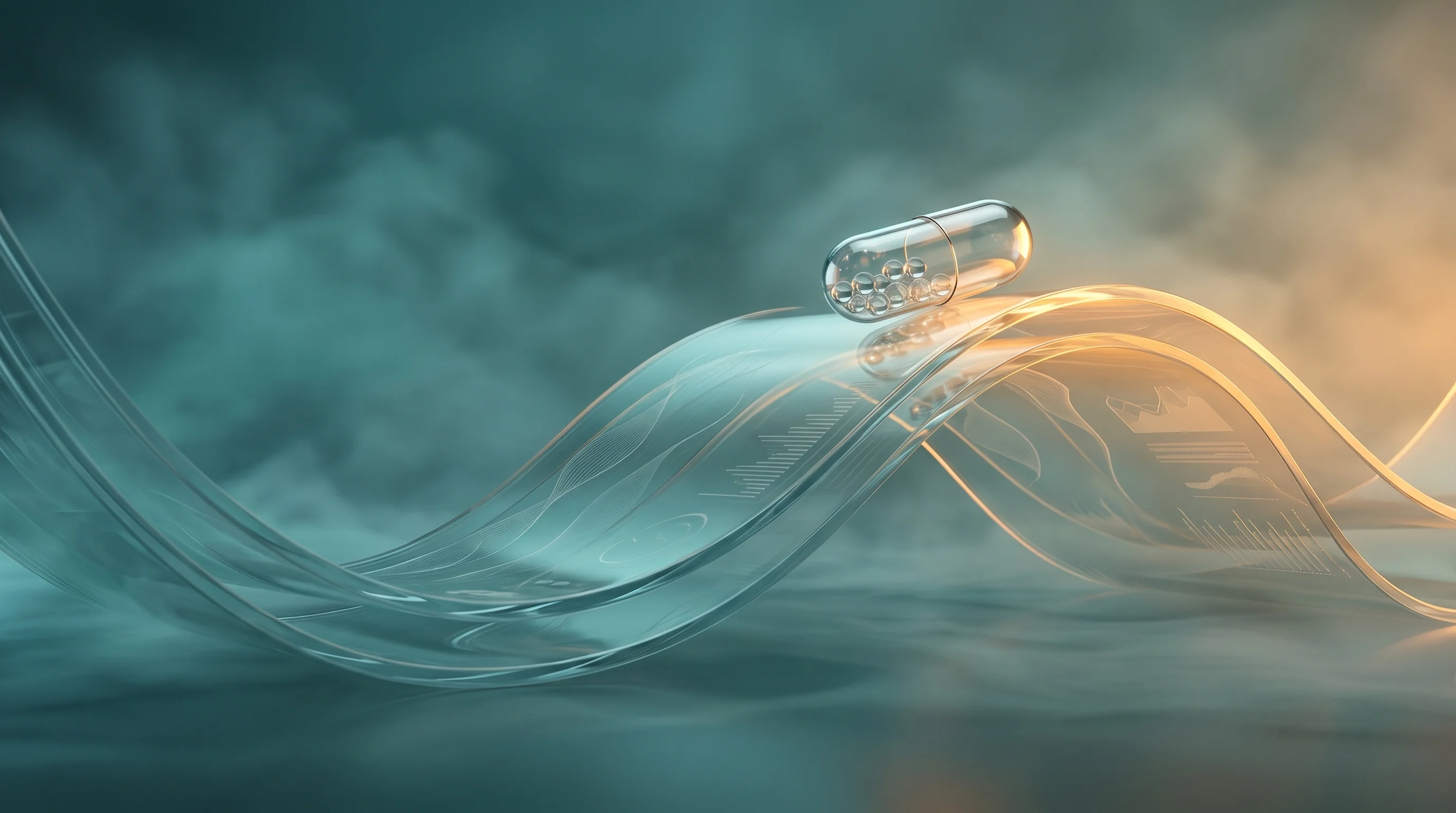 Digital illustration for article section "Riding the Real-World Evidence Wave" in "Century Health Raises $5M Seed to Unlock Real-World Clinical Data" - A sleek, minimalist conceptual image featuring a pristine glass pharmaceutical capsule resting on a ...