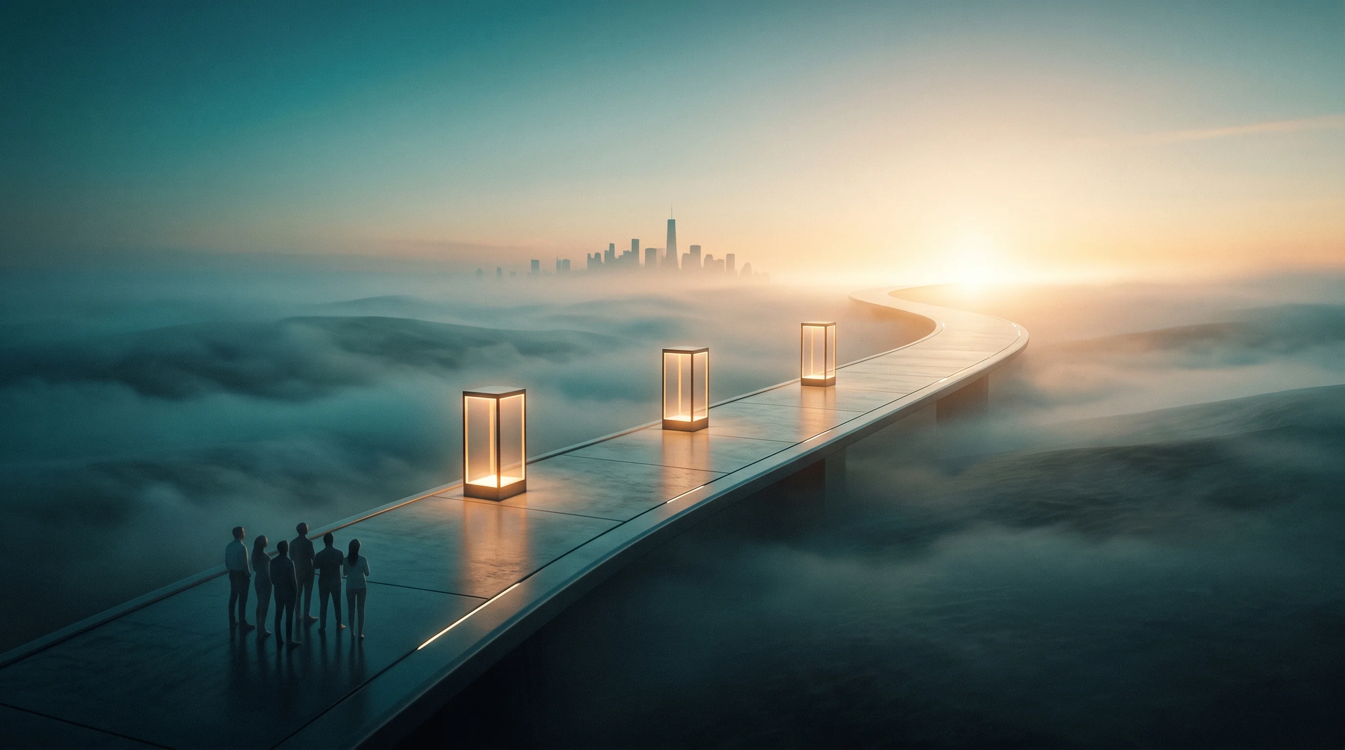 Digital illustration for article section "The Road Ahead" in "Century Health Raises $5M Seed to Unlock Real-World Clinical Data" - A conceptual and minimalist representation of a company's road ahead and team expansion, featuring a...