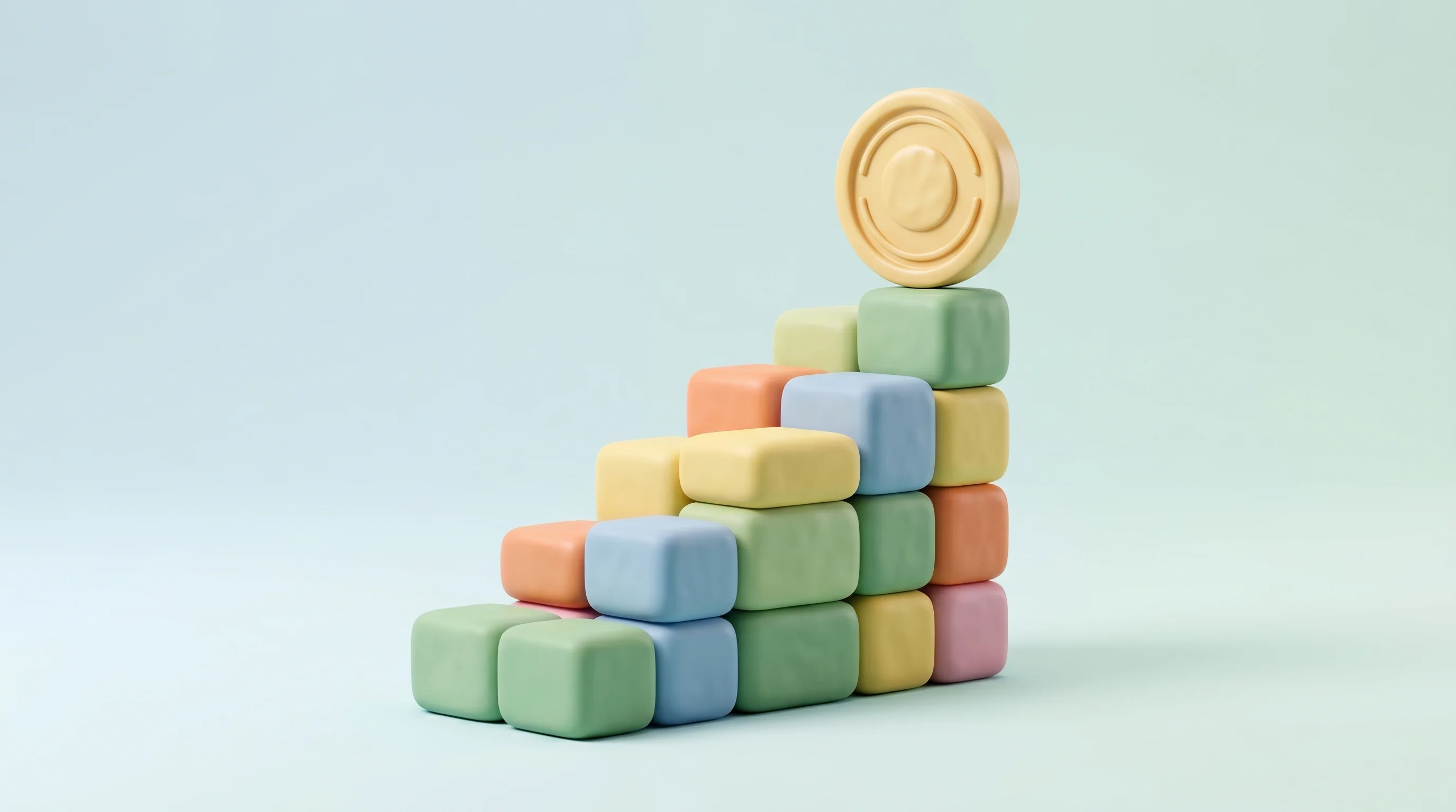 Digital illustration for article section "A Funding History Built on Increments" in "Coachbetter Raises $8.2M to Build 'OS' for Grassroots Football Clubs" - A conceptual, minimalist 3D illustration representing incremental funding and careful financial grow...