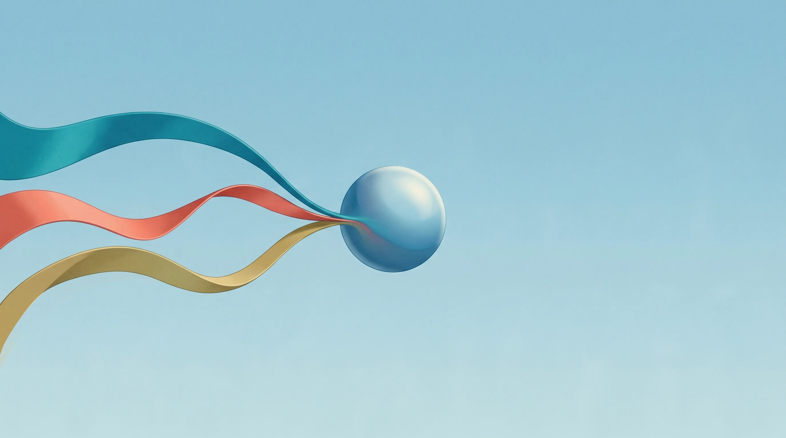 Digital illustration for article section "The Product: Chat First, Config Never" in "Sazabi Emerges with AI-Native Observability Backed by Vercel, Replit" - A minimal and conceptual illustration showing three vividly colored, fluid ribbons flowing effortles...