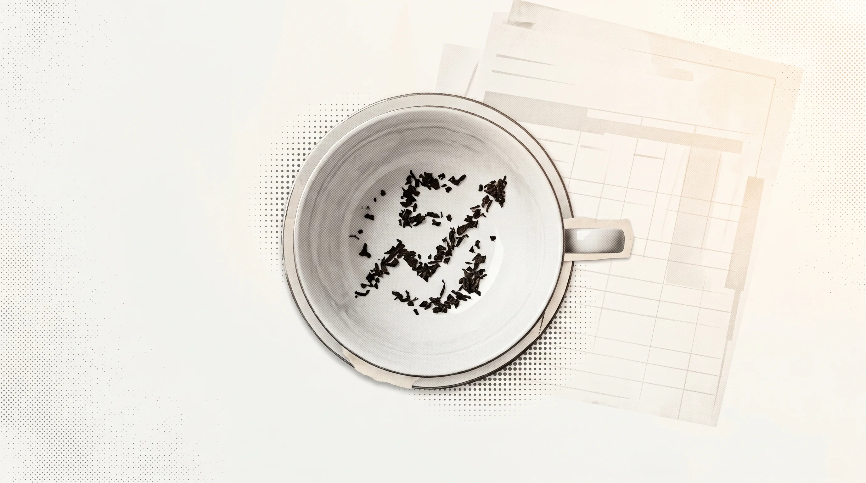 Digital illustration for article section "Reading the Tea Leaves" in "Aboard's Unconfirmed $13M Series A Highlights AI Software Funding Gap" - A minimalist, conceptual visual representation of "reading the tea leaves" for financial bootstrappi...