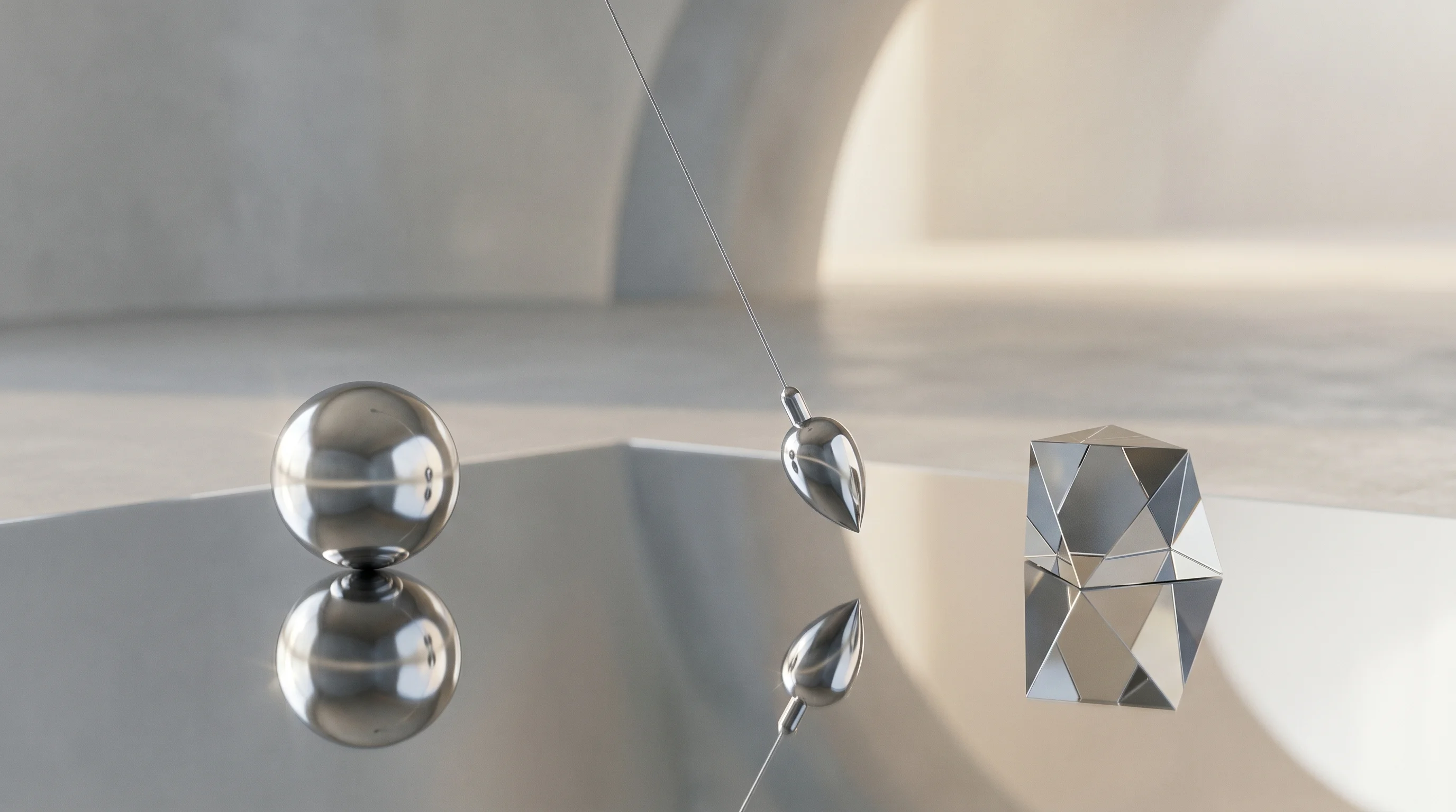 Digital illustration for article section "Closing the Gap—or Not" in "Interfaze Bets on Deterministic AI as Developers Demand Reliability" - A minimalist, highly polished metallic pendulum suspended in mid-swing above a flawlessly smooth, ex...