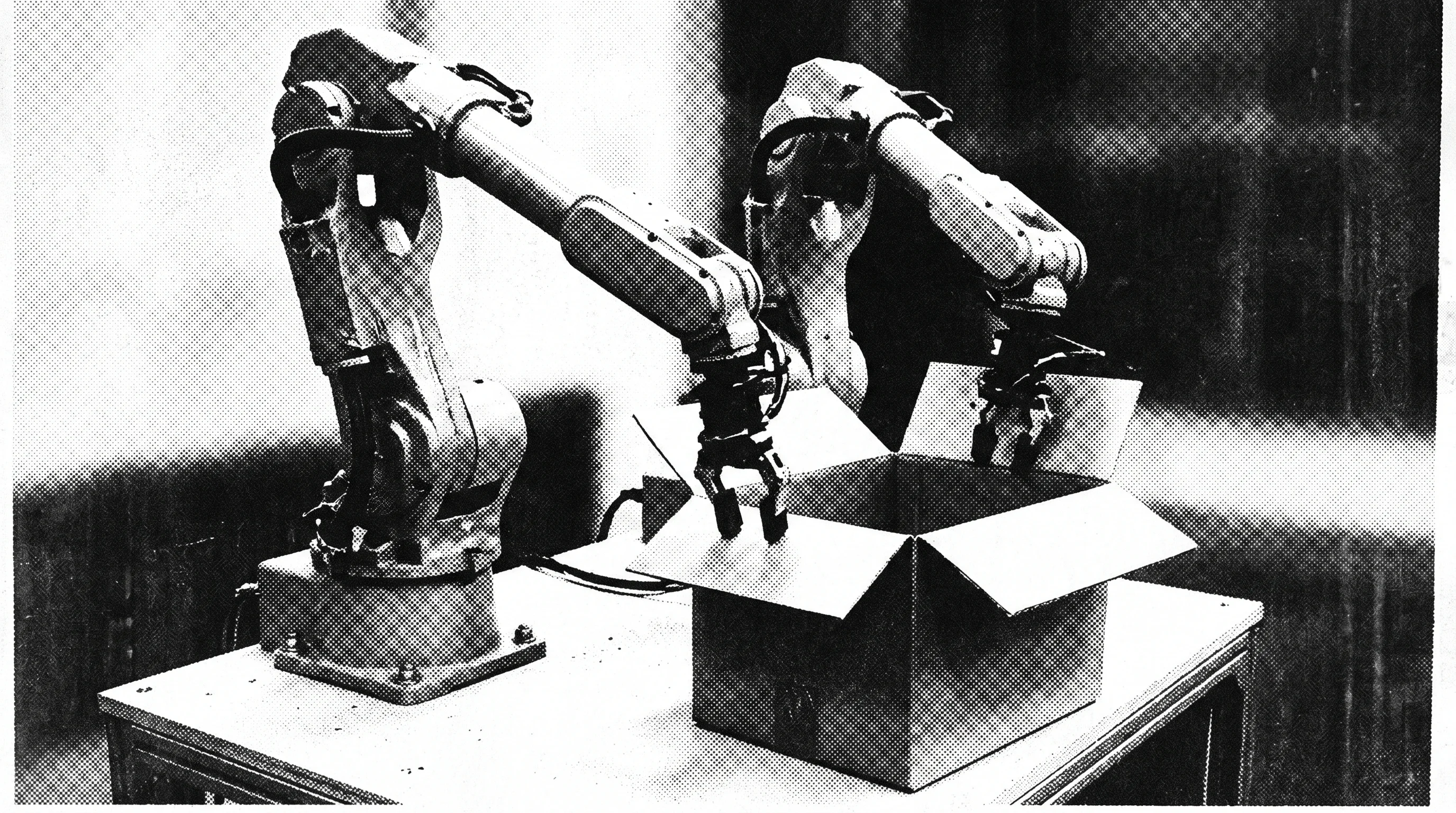 Digital illustration for article section "The Work and the Limits" in "YC-Backed InLoop Launches AI Robots That Learn From Warehouse Failures" - A pair of modern bimanual robotic arms securely bolted to a minimalist fixed workstation, caught in ...