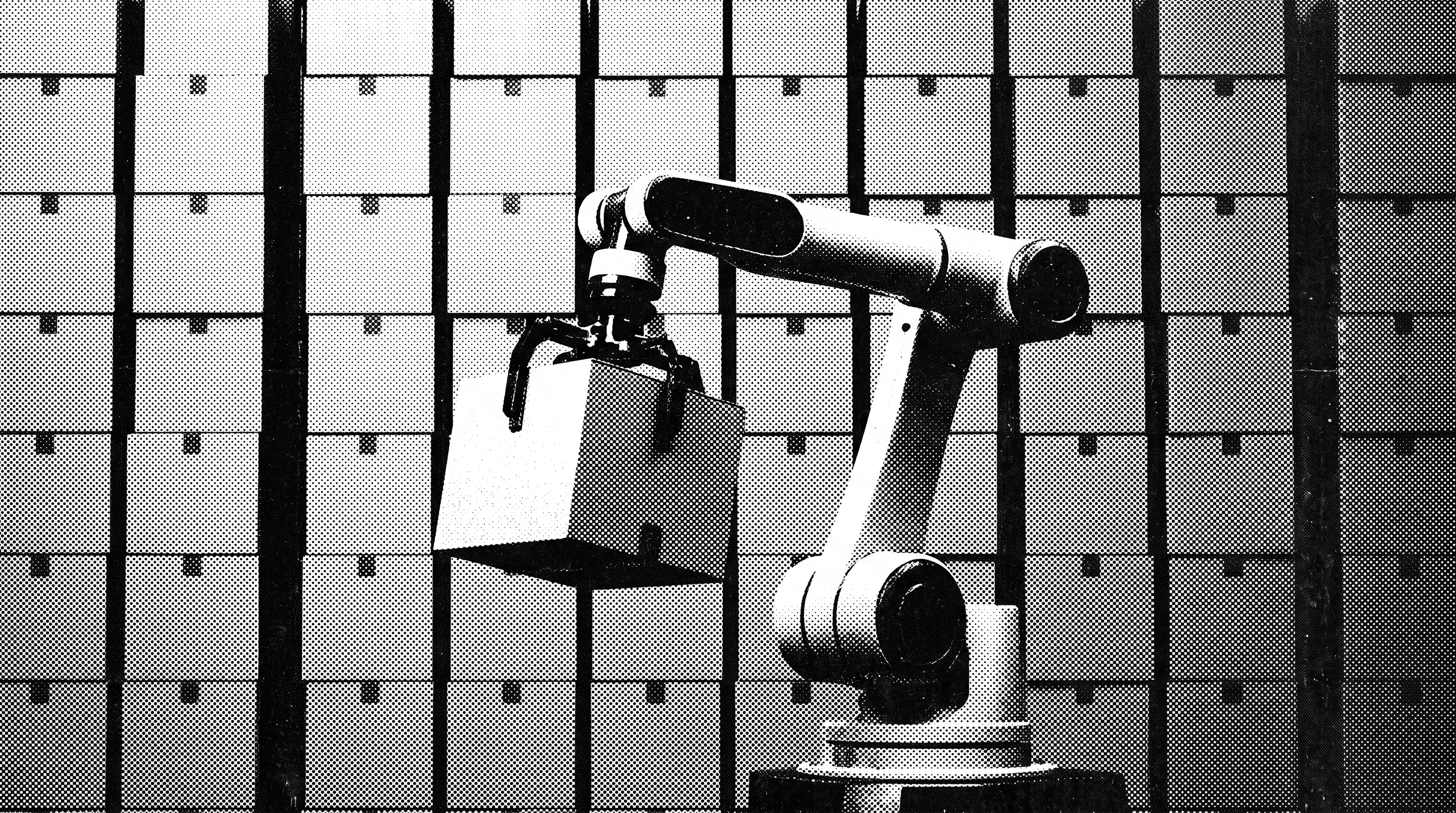 Digital illustration for article section "Entering a Crowded, Skeptical Market" in "YC-Backed InLoop Launches AI Robots That Learn From Warehouse Failures" - A conceptual, minimal composition featuring a single, sleek warehouse robotic arm grasping a distinc...