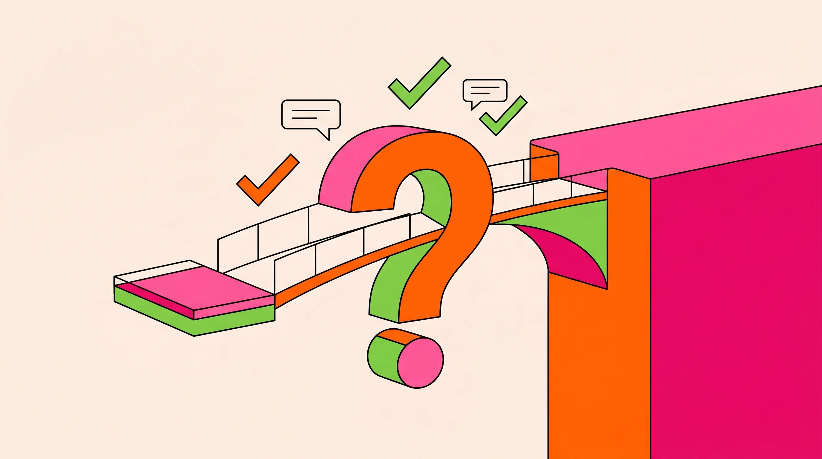 Digital illustration for article section "Open Questions" in "YC-Backed Alchemy Brings AI Image Analysis to Life Sciences Labs" - A minimalist and conceptual flat vector style illustration depicting a large, abstract geometric que...