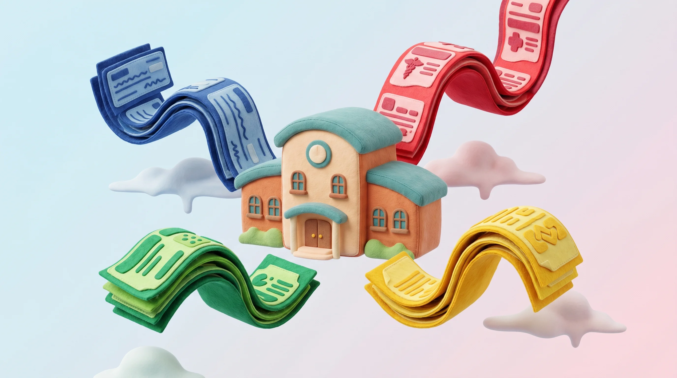 Digital illustration for article section "The Revenue Cycle No One Talks About" in "Sunbound Closes Series A to Scale Senior Care Payment Platform" - A conceptual 3D illustration of a cozy, stylized senior living facility building serving as a centra...