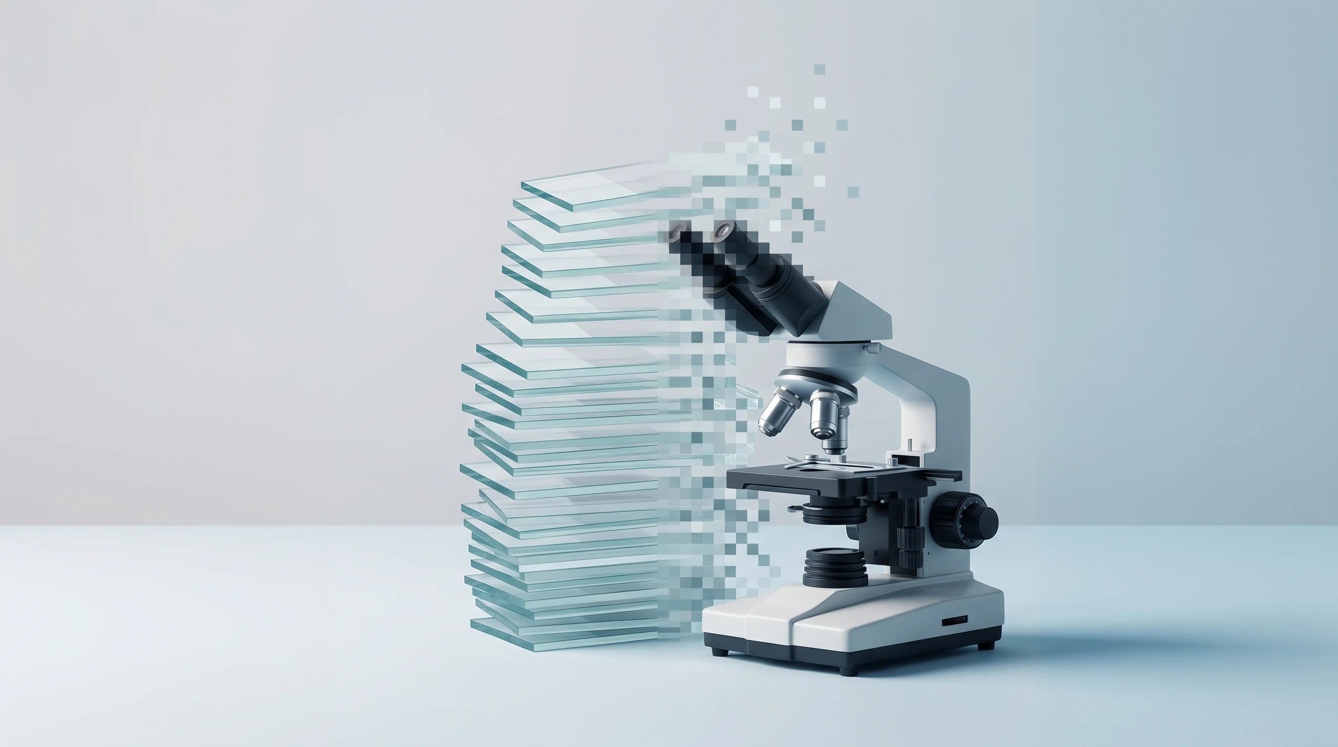 Digital illustration for article section "The Market Context" in "YC's Voquill Launches AI Scribe to Save Pathologists 20% of Report Time" - A minimalist, conceptual visualization of a modern pathology lab under mounting market pressure, fea...
