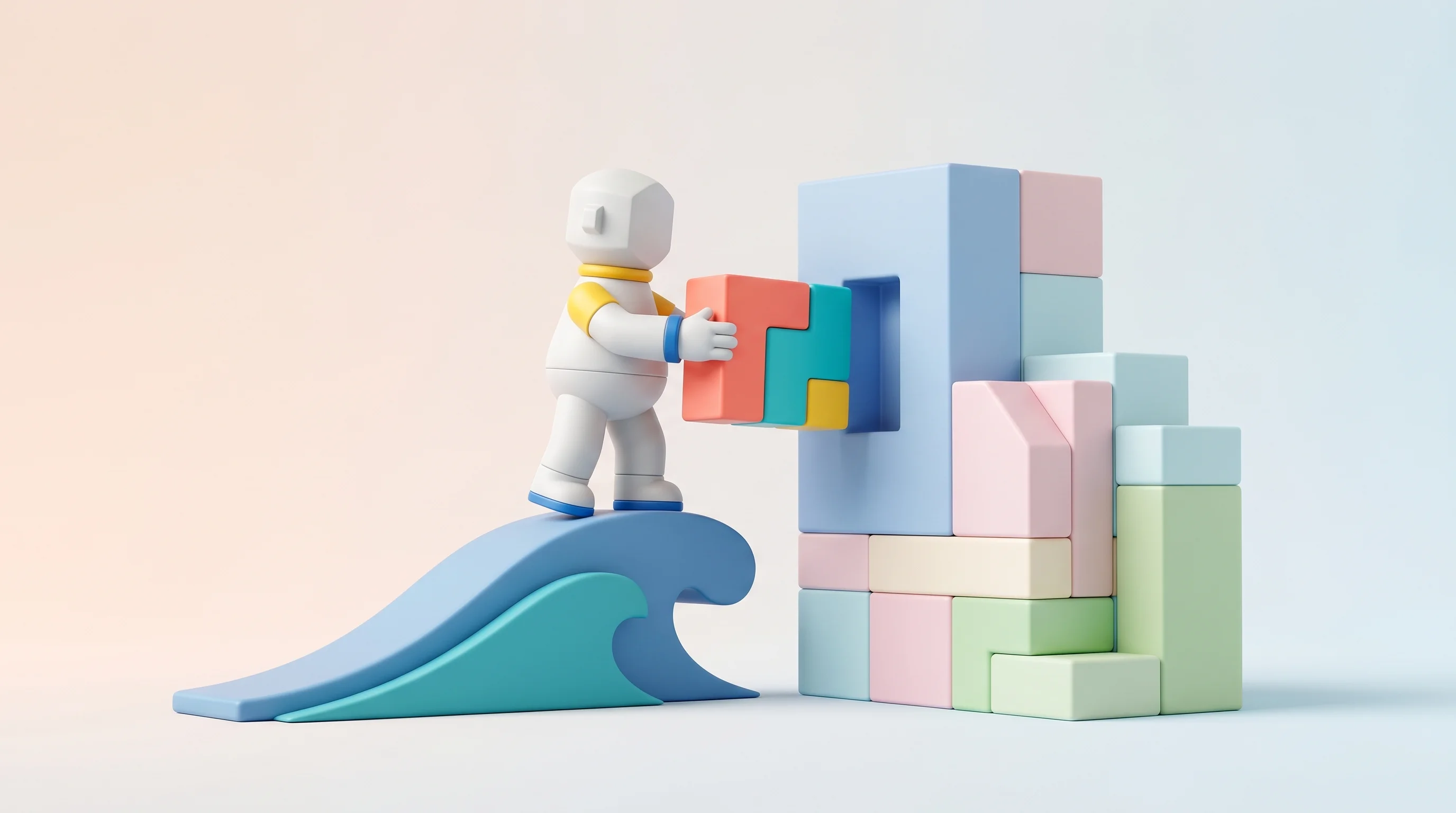 Digital illustration for article section "Timing the FDE Wave" in "Lab0's AI 'Engineers' Promise 10-Day Enterprise Deployments" - A minimalist, conceptual 3D pop art toy scene illustrating the concept of forward-deployed engineers...