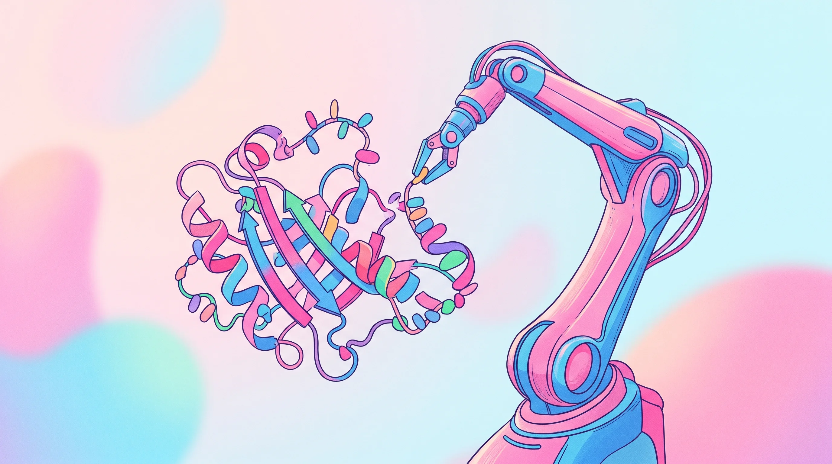 Digital illustration for article section "The Bigger Picture" in "Imperagen Raises £5M to Scale AI-Powered Enzyme Engineering" - A minimalist and conceptual illustration of a stylized, ribbon-like enzyme structure being swiftly a...