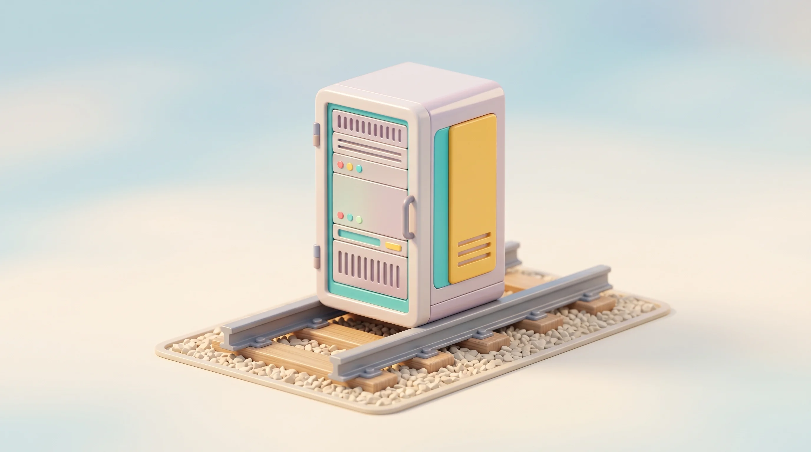 Digital illustration for article section "Content Section 2" in "Railway's $100M Bet: 30-Person Team Takes On AWS With Own Data Centers" - A clean, minimalist representation of a sturdy, modern data center server cabinet resting securely o...