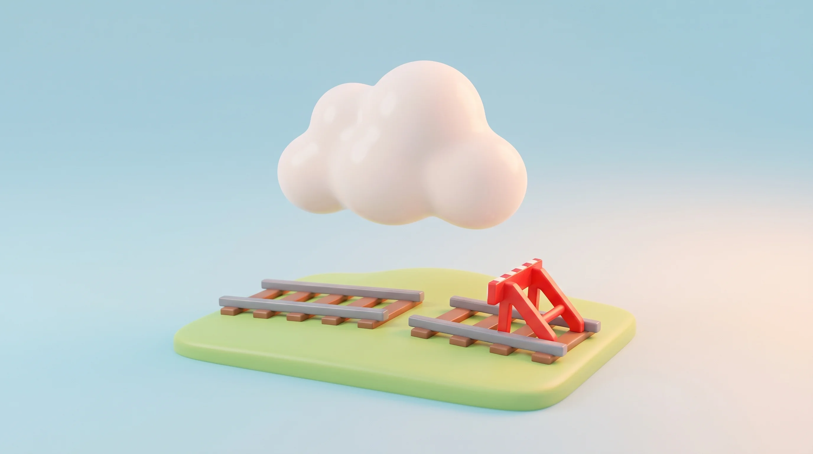 Digital illustration for article section "Content Section 3" in "Railway's $100M Bet: 30-Person Team Takes On AWS With Own Data Centers" - A conceptual 3D cartoon miniature model illustrating a sudden service suspension, featuring a soft, ...