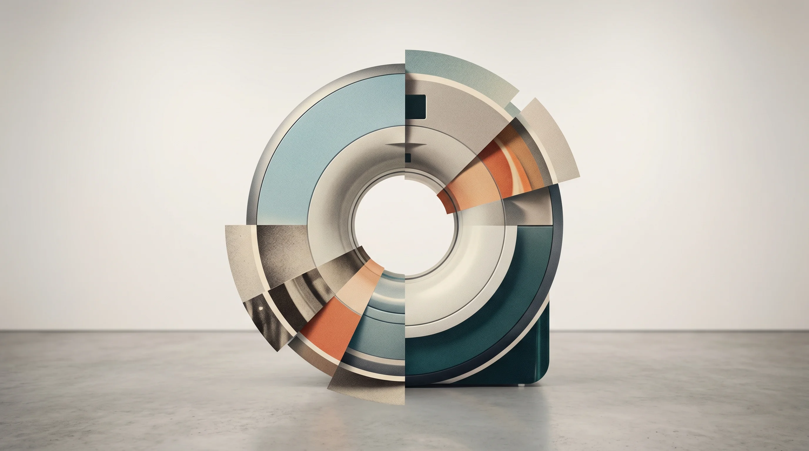 Digital illustration for article section "Fragmentation, Flexibility, and the Incumbents' Response" in "How Adialante's Mobile MRI Aims to Crack the Cancer Screening Gap" - A conceptual and minimalist visual representation of architectural fragmentation in the MRI hardware...