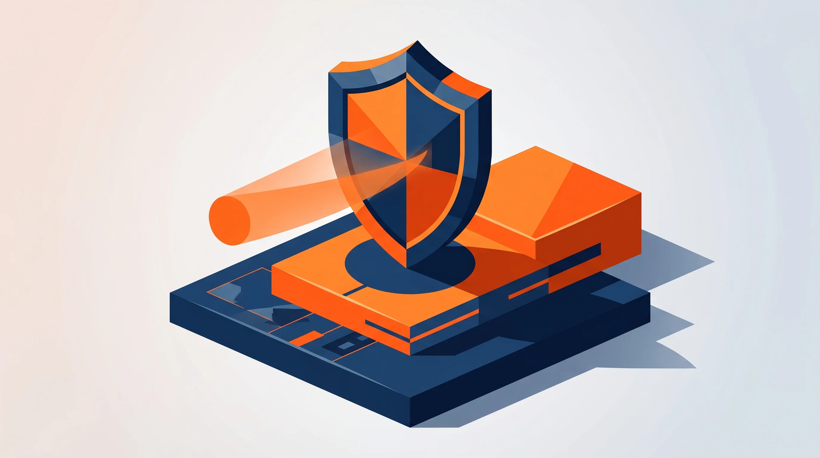 Digital illustration for article section "The Workflow Strategy" in "YC-Backed Mount Debuts AI Agent Liability Insurance Product" - A conceptual, modern representation of a three-step security and insurance workflow featuring a cent...
