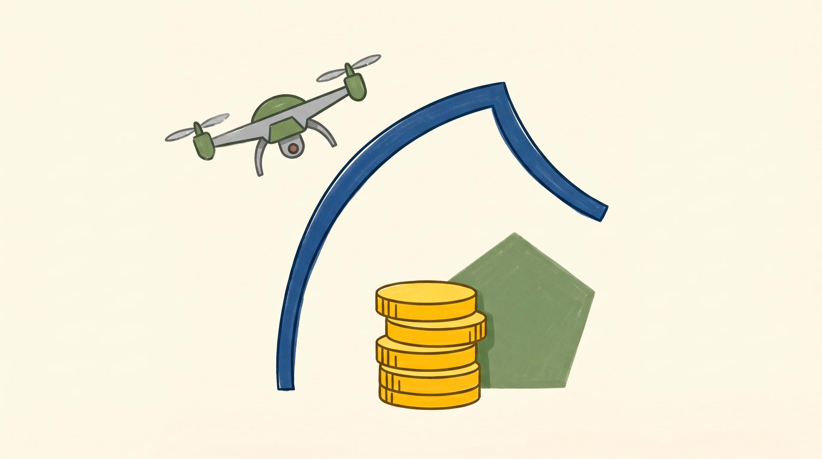 Digital illustration for article section "The Pentagon's Counter-Drone Spending Spree" in "YC-Backed Surtr Launches Open OS for Counter-Drone Defense Systems" - A conceptual, minimalist illustration representing military counter-drone defense and funding, featu...
