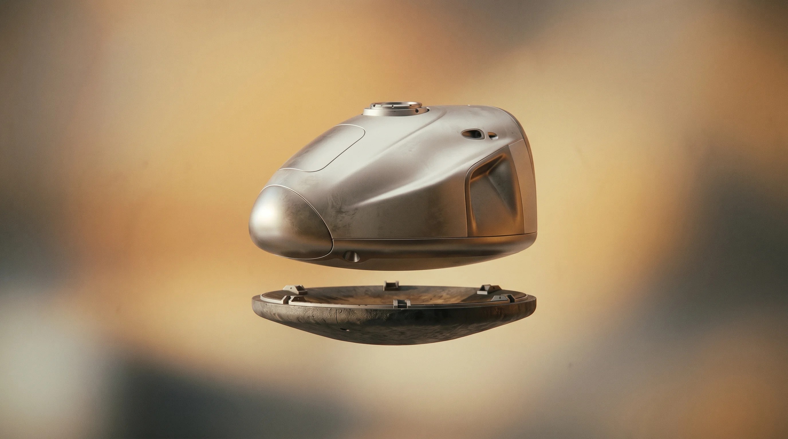 Digital illustration for article section "Dispatch's Refurbishable Vision" in "The $12B Race to Build Factories in Space—and Bring the Goods Home" - A sleek, minimalist autonomous space reentry vehicle serving as the central focal point, featuring a...