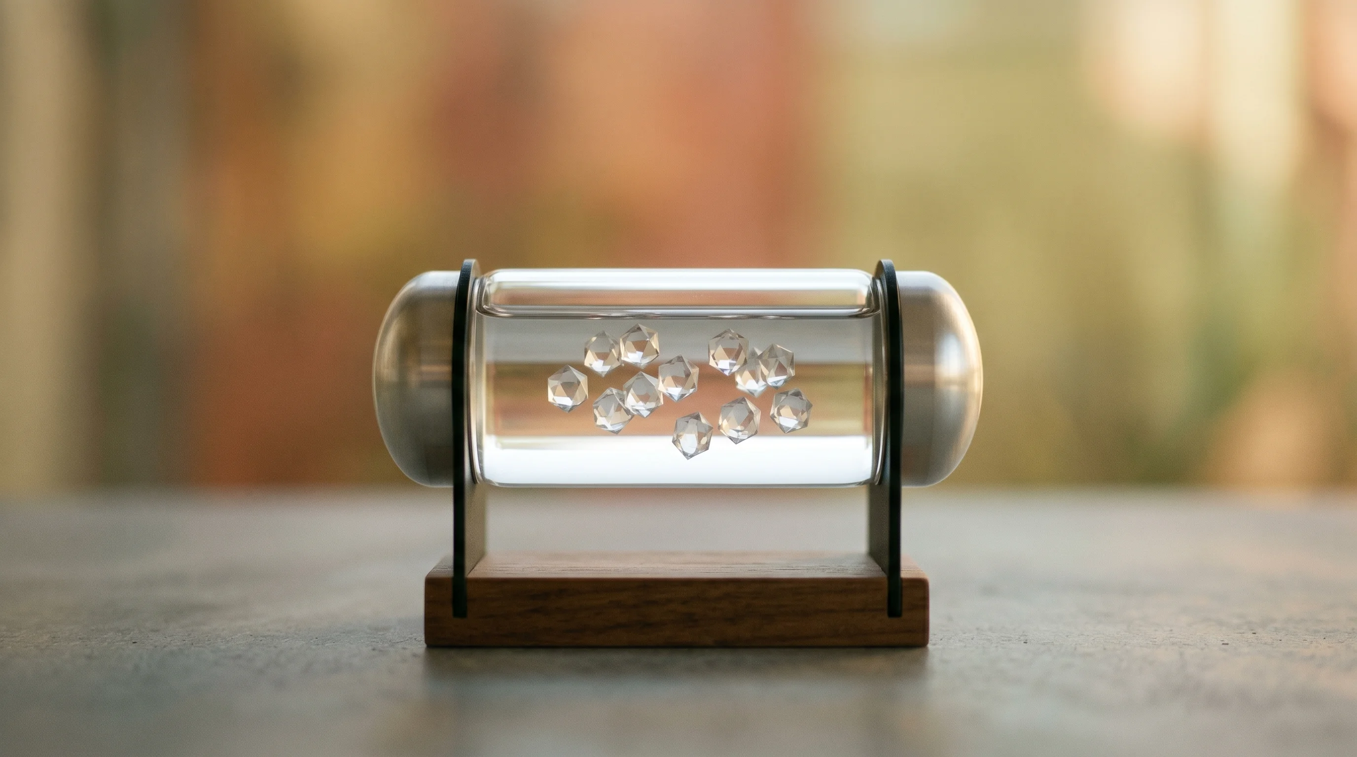 Digital illustration for article section "The Scientific Validation Problem" in "The $12B Race to Build Factories in Space—and Bring the Goods Home" - A clean, minimalist editorial shot of perfectly formed pharmaceutical seed crystals suspended delica...