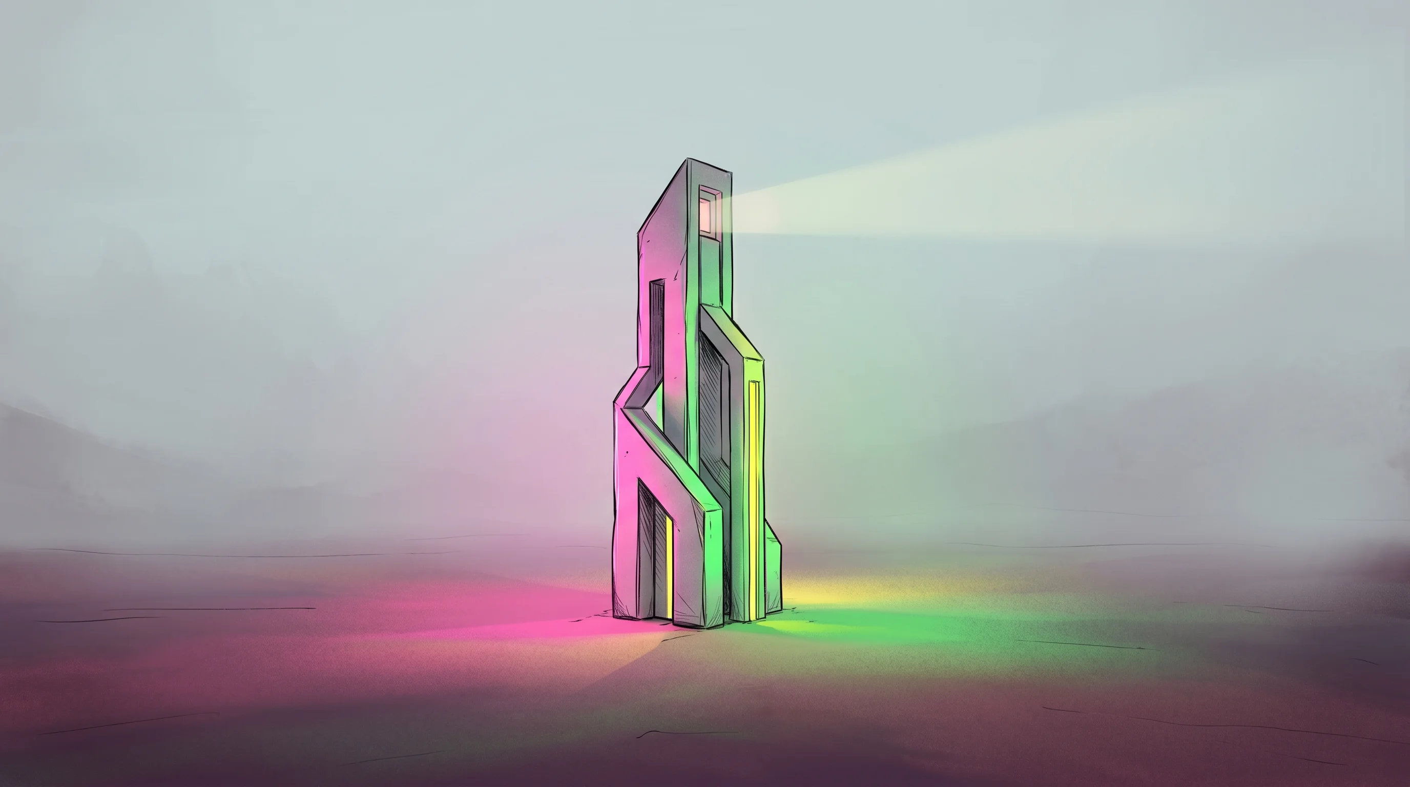 Digital illustration for article section "Signal, Noise, and What Comes Next" in "AI Discovering AI: How Aster Lab Uses Agents to Speed Research" - A solitary, abstract geometric artifact acting as a minimalist signpost stands alone in a soft, uncl...
