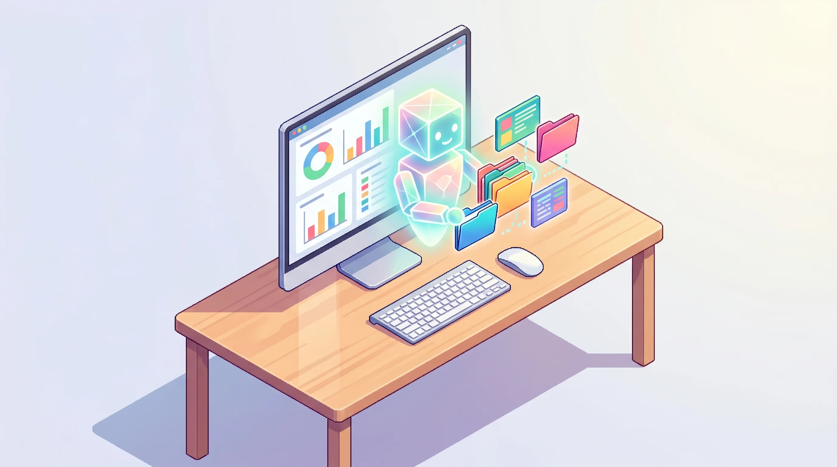 Digital illustration for article section "The Agentic Era (Or At Least the Pitch for It)" in "YC-Backed Userlens Launches AI Agents to Predict Customer Churn" - An isometric, top-down view of a clean, minimalist modern workspace representing the evolution of cu...