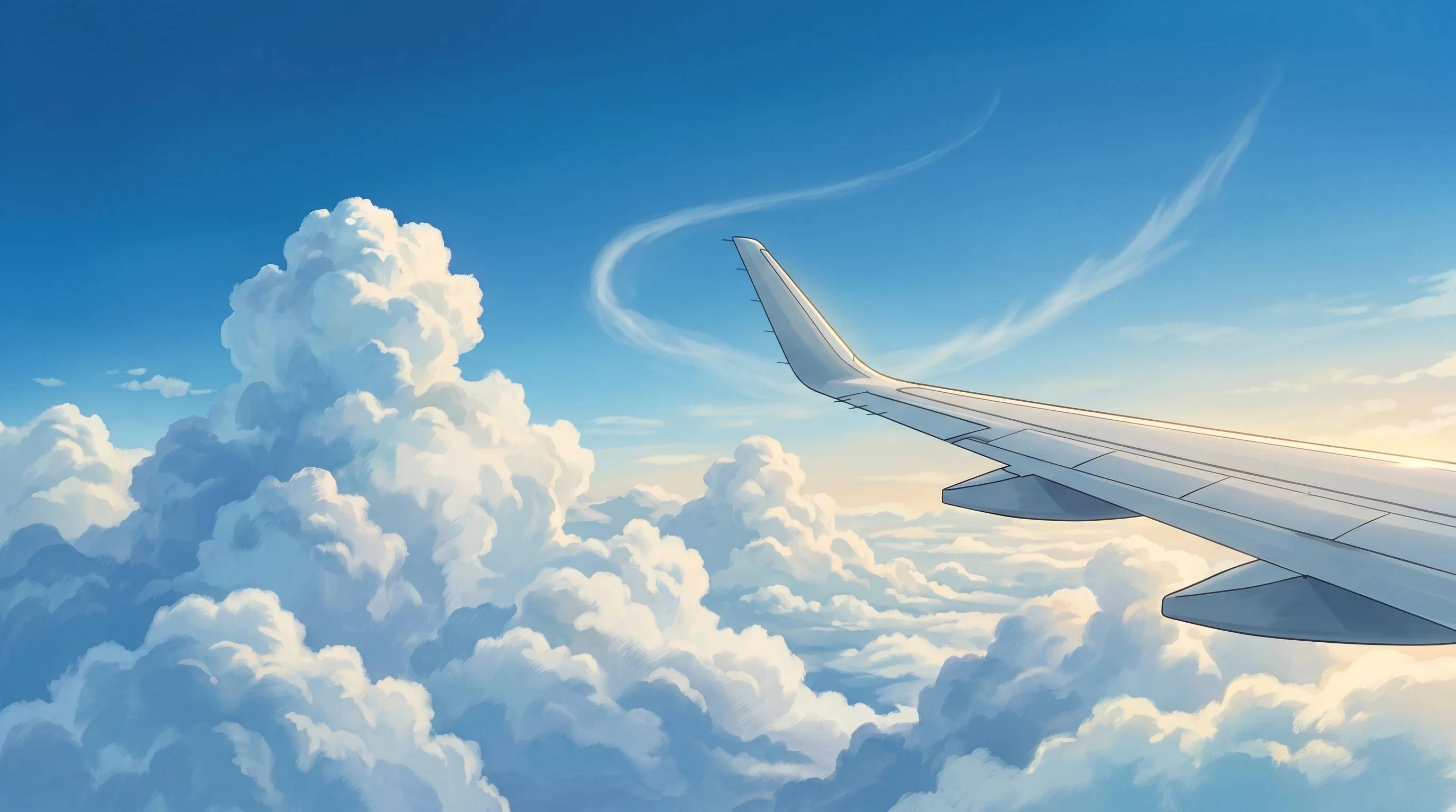 Digital illustration for article section "The Productivity Pitch" in "Overwatch AI Raises $1.5M to Bring Offline AI to Aviation Ops" - A sleek, modern commercial airplane wing soaring gracefully through a vast, expansive sky, trailing ...