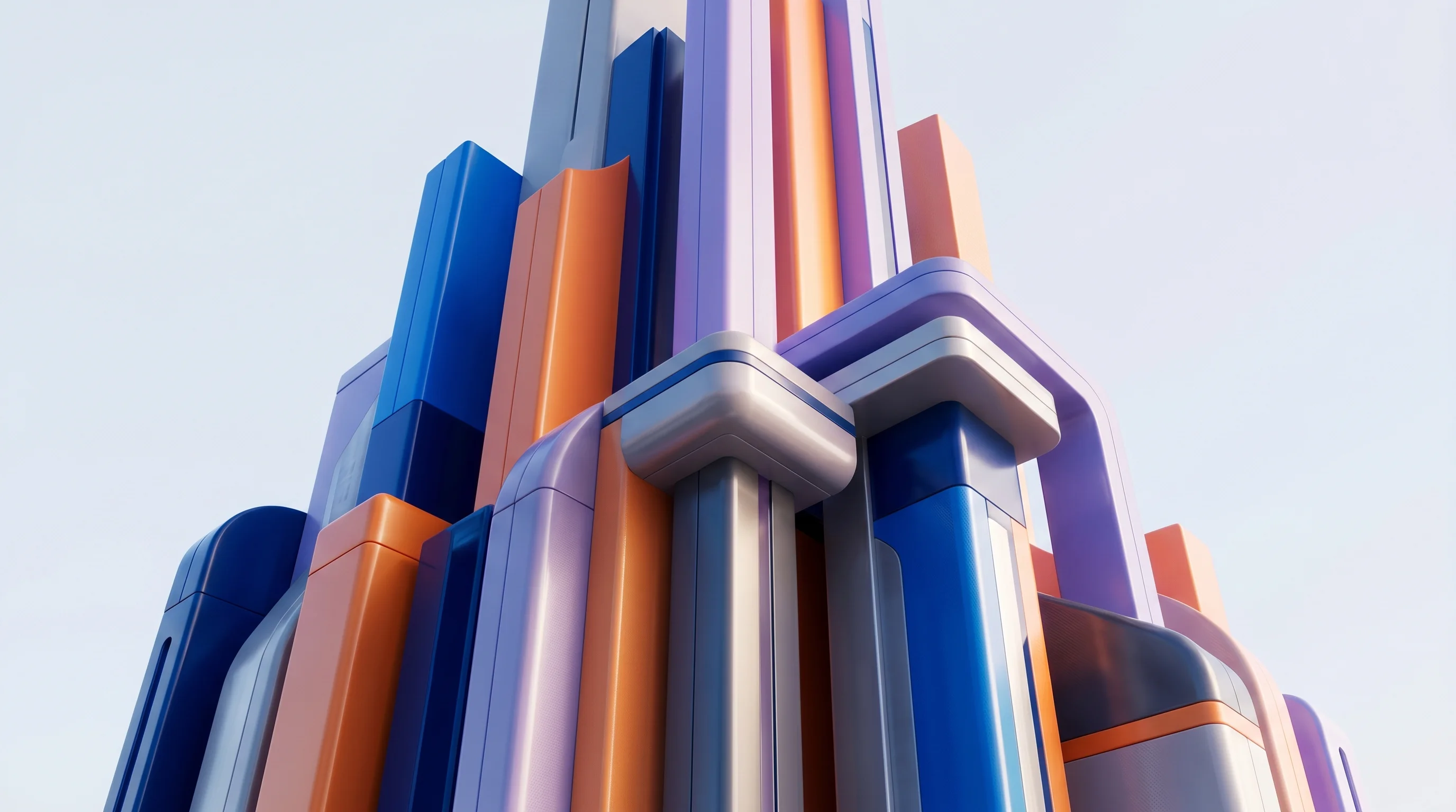 Digital illustration for article section "Infrastructure Arrives, With Complexity" in "AI Discovers AI: How Aster Lab Uses Agents to Automate Research" - A conceptual and minimal 3D rendering of a massive, sleek architectural foundation expanding dynamic...