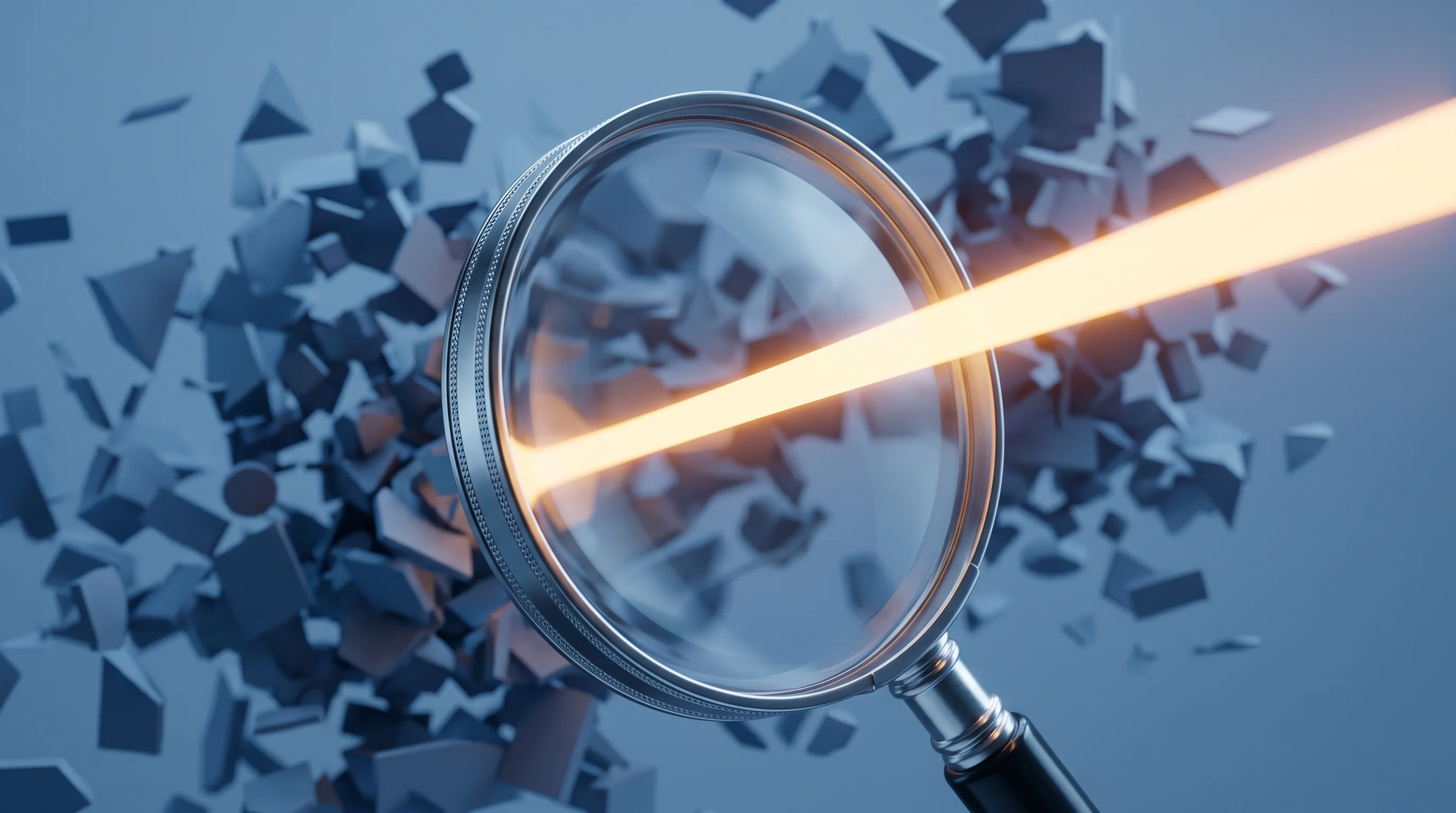 Digital illustration for article section "The Signal in the Noise" in "AI Discovers AI: How Aster Lab Uses Agents to Automate Research" - A highly detailed, hyperreal 3D render of a flawless, oversized magnifying glass hovering in a soft,...