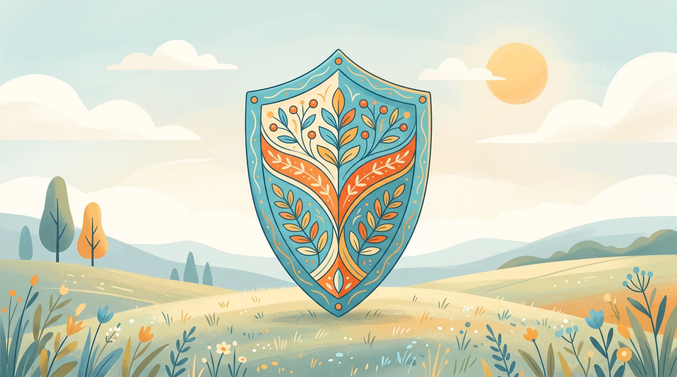 Digital illustration for article section "Enter the Defenders" in "AI's Top Security Flaw Gets New Defense as Agent Attacks Surge" - A conceptual and minimalist illustration of a sturdy, highly stylized protective shield standing tal...