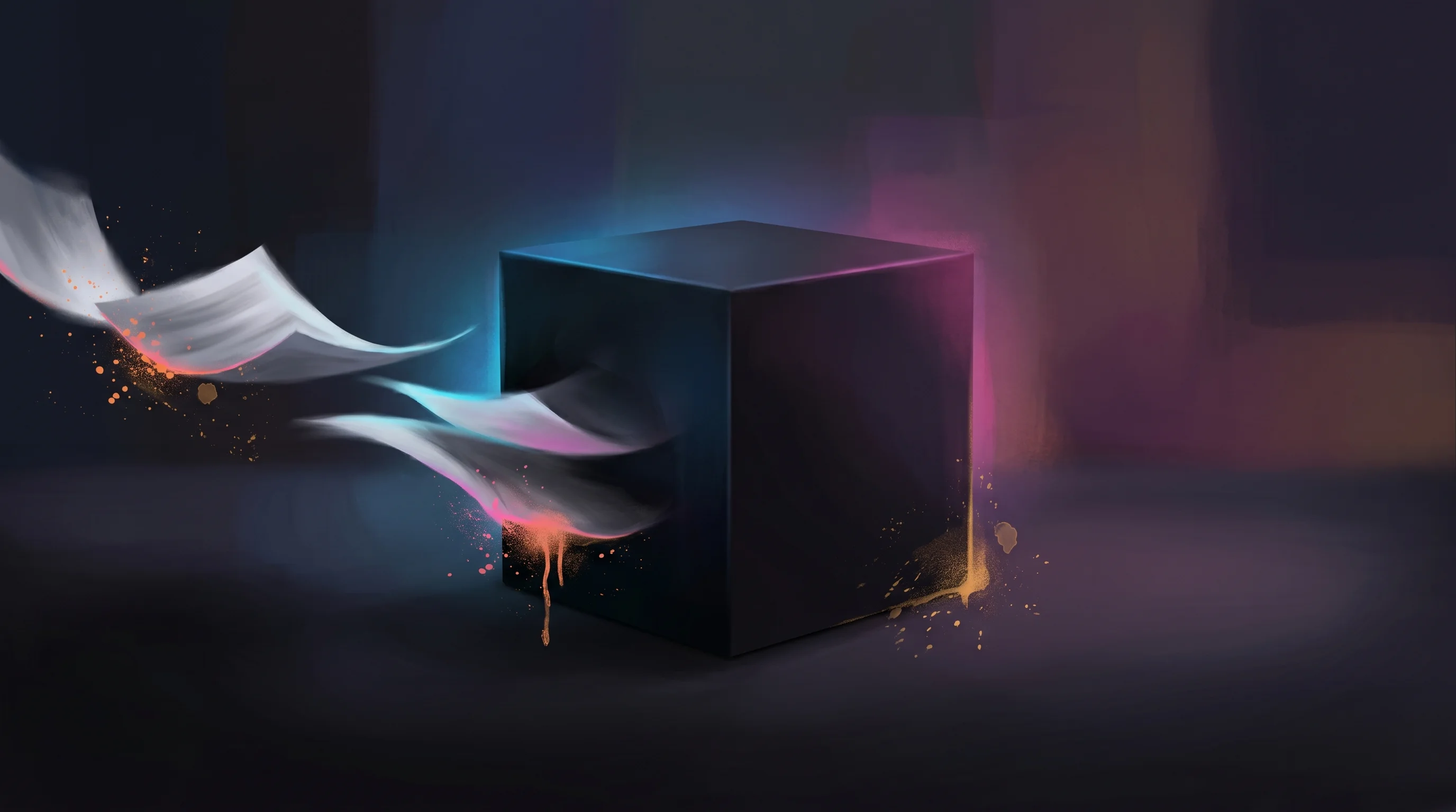 Digital illustration for article section "The Black Box Problem" in "YC-Backed Hedge Launches AI-Native Specialty Insurance Platform" - A sleek, opaque black box sits in the center of a minimal composition, representing an unseen AI und...