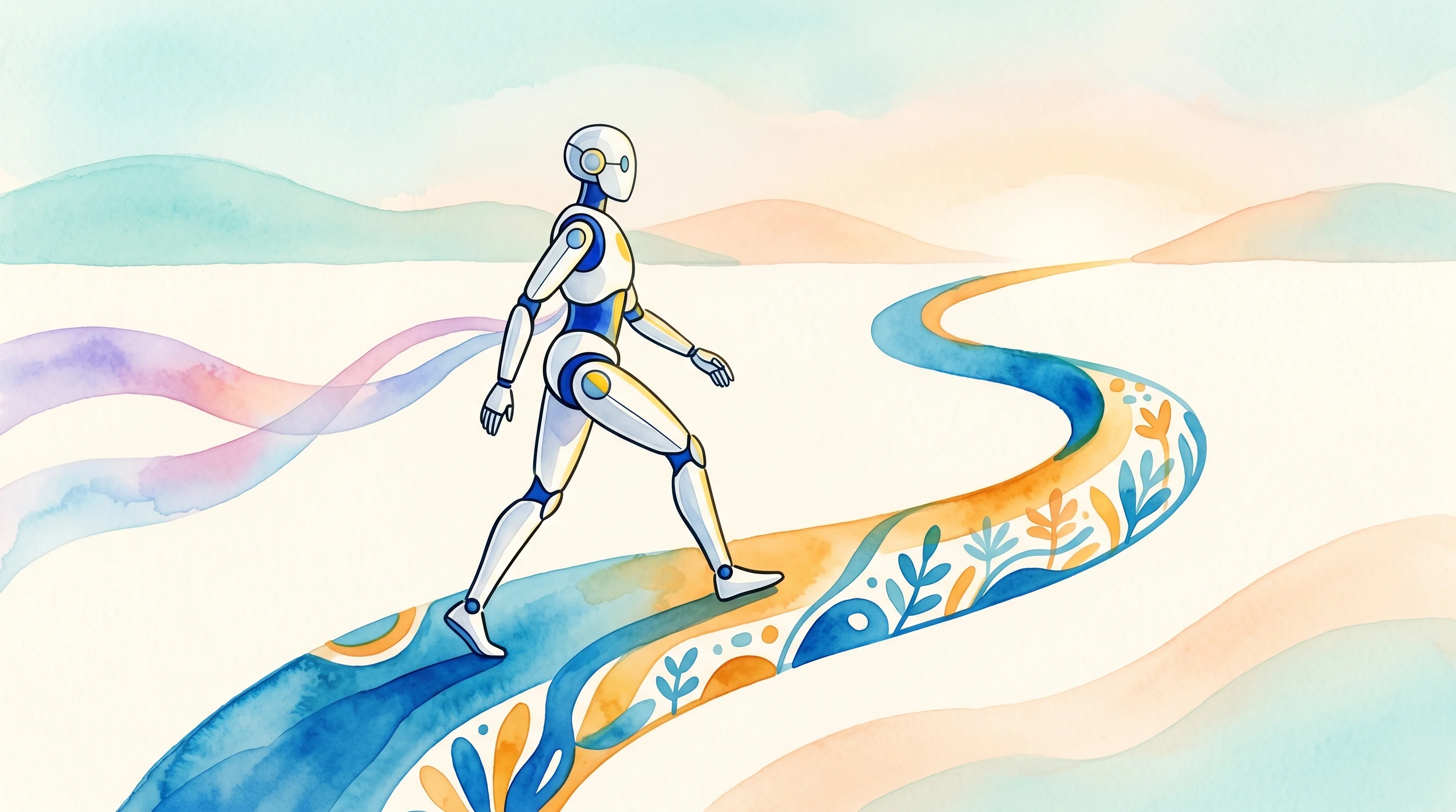 Digital illustration for article section "The Long Road to Autonomy" in "The Race to Build the Fastest Robot Remote Control Software" - A minimalist, conceptual illustration of a sleek, modern humanoid robot stepping forward onto a long...