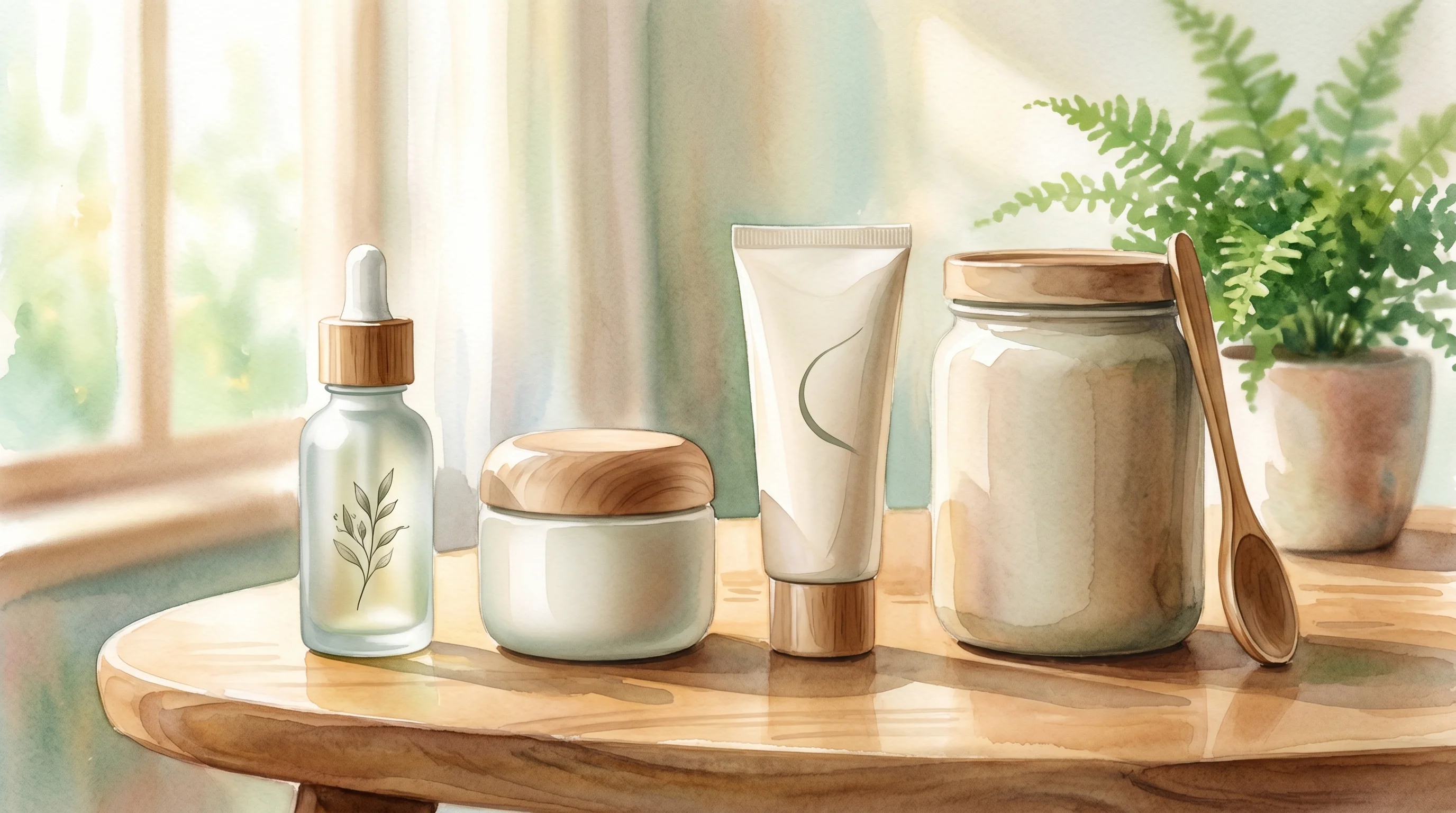 Digital illustration for article section "The Skincare Detour" in "Ex-Zomato Founder's Gabit Secures $3.7M to Expand Health Platform" - A clean, minimal composition featuring a curated arrangement of modern, clean-label wellness product...