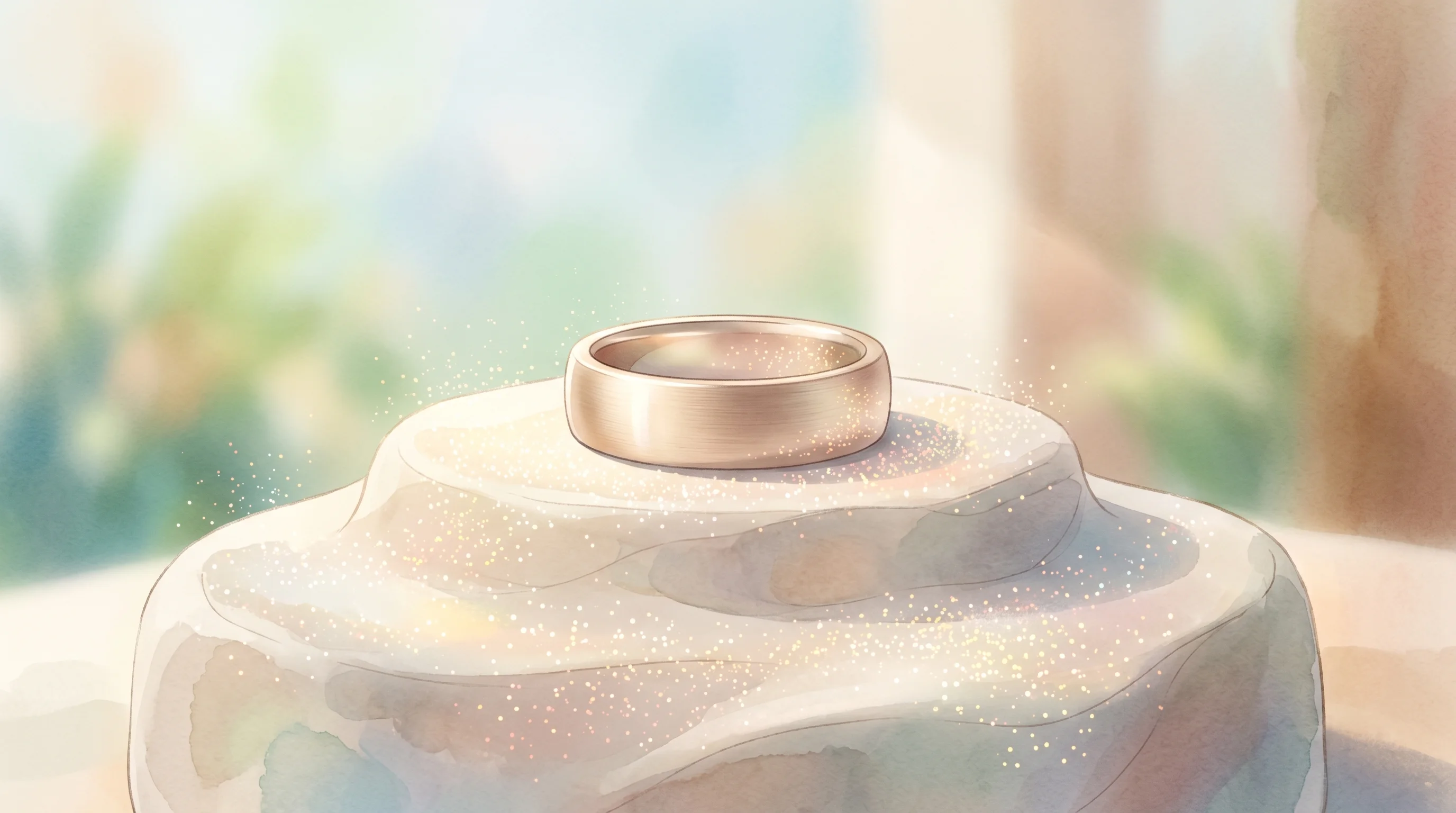 Digital illustration for article section "Fighting for Second Place" in "Ex-Zomato Founder's Gabit Secures $3.7M to Expand Health Platform" - A sleek, minimalist smart ring resting elegantly on the second tier of a smooth, softly contoured st...