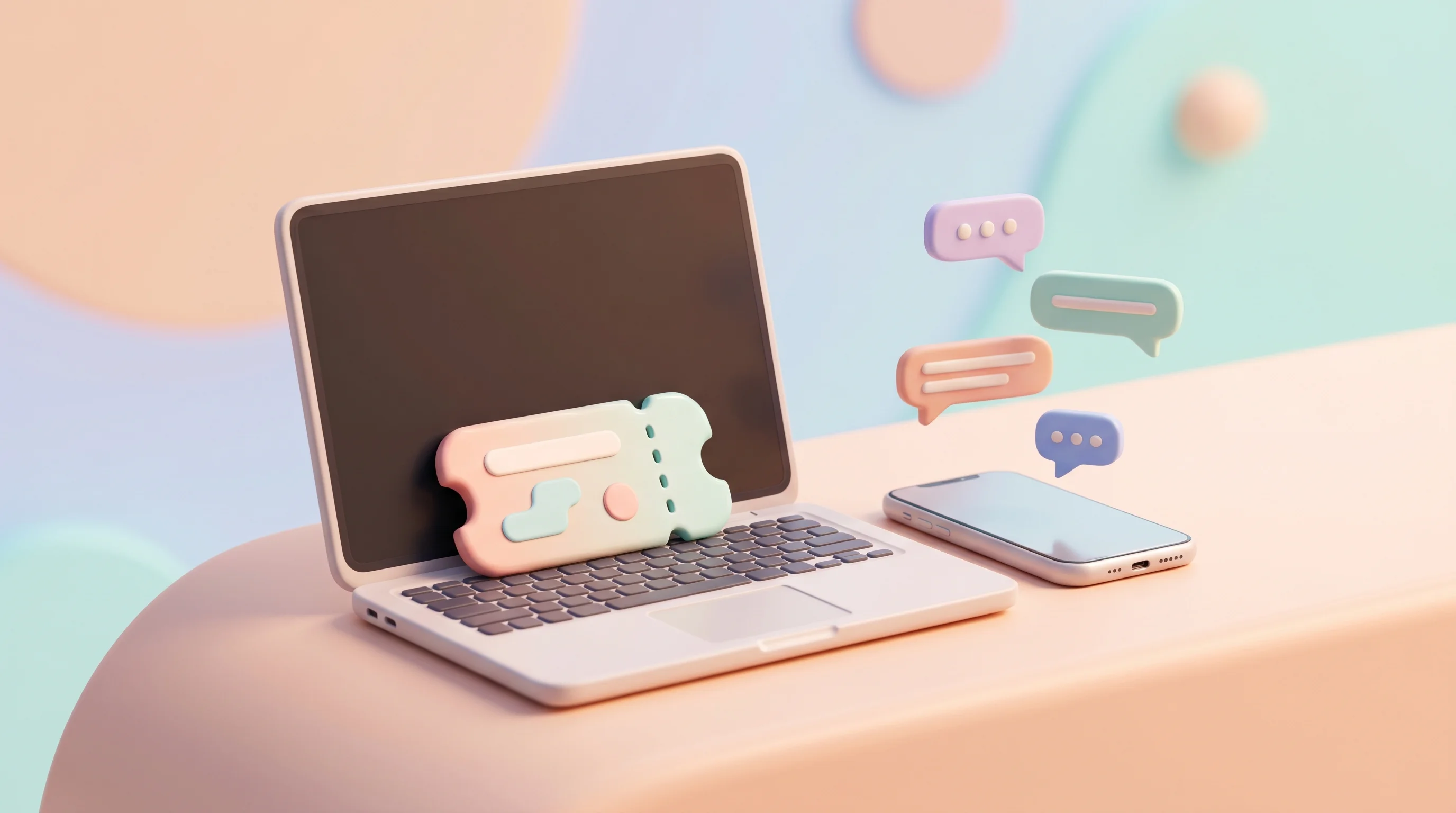 Digital illustration for article section "What's Next" in "YC-Backed Jo Launches Privacy-First AI Assistant That Runs on Your Mac" - A clean, minimal 3D composition featuring a modern, stylized laptop slightly open next to a sleek sm...