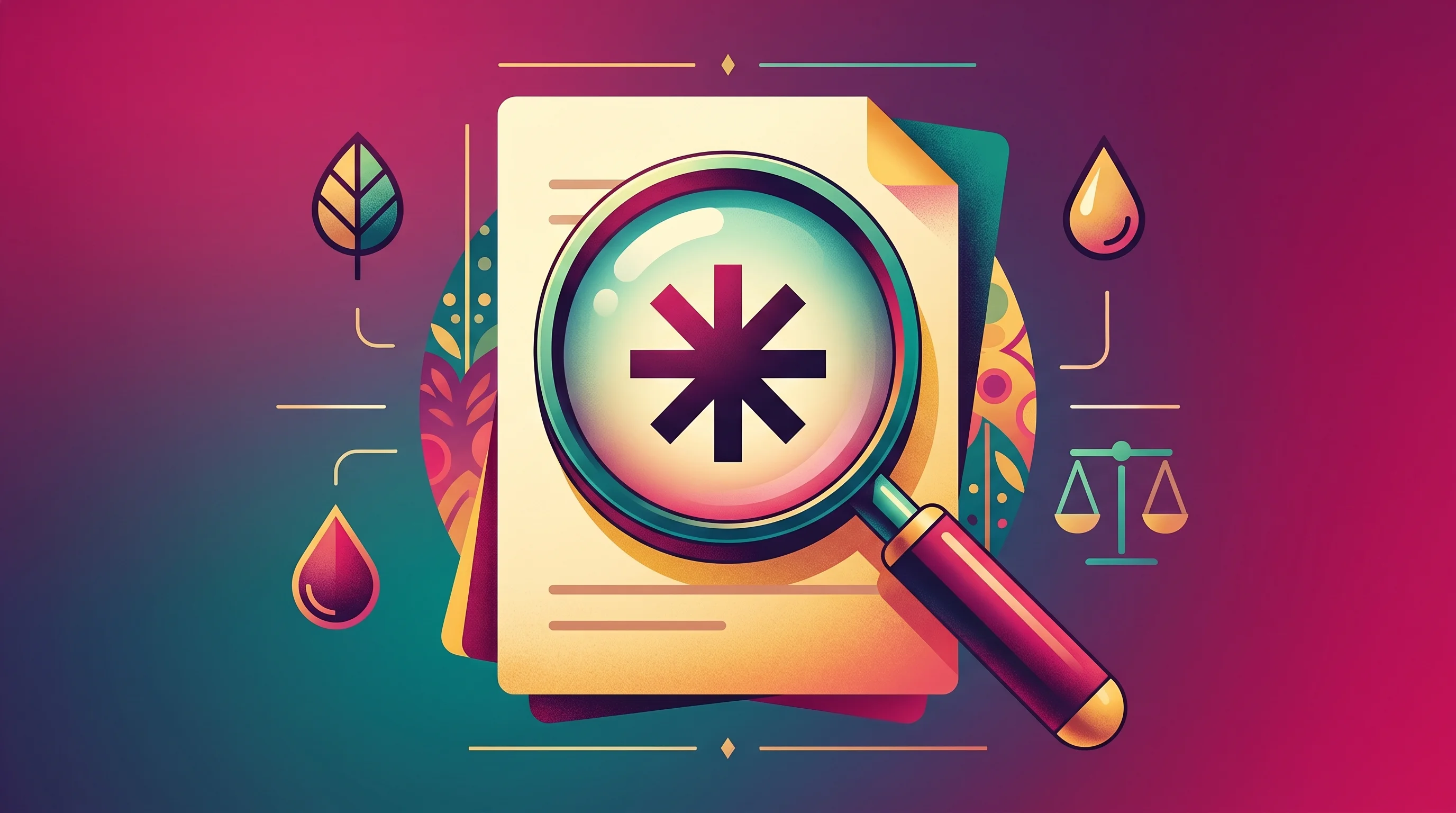 Digital illustration for article section "The Fine Print on What It Won't Do" in "Foresight Launches AI Consumer Simulations to Replace Focus Groups" - A modern, oversized magnifying glass hovering over a stylized document featuring a bold, central ast...