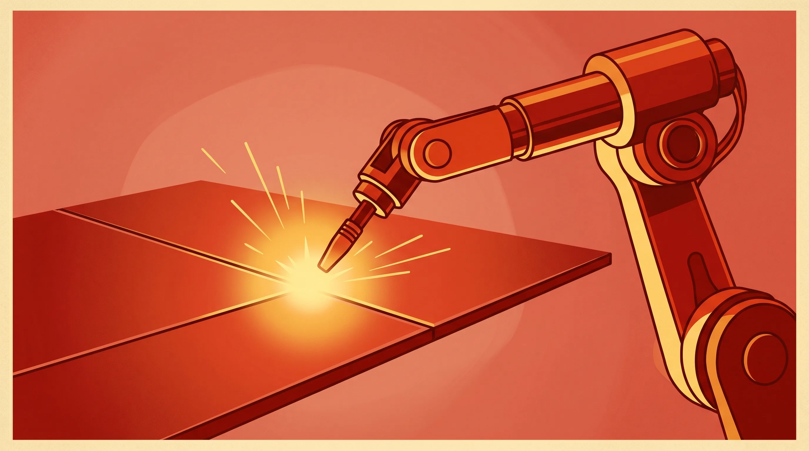 Digital illustration for article section "Content Section 3" in "YC-Backed AMR Tackles US Welder Shortage with AI Robotic Systems" - A clean, minimalist illustration of a sleek, modern robotic welding arm precisely joining two smooth...
