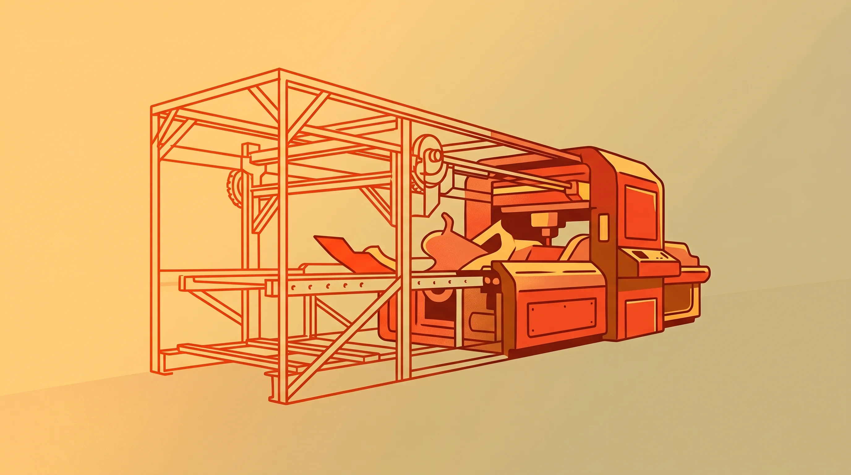 Digital illustration for article section "Content Section 5" in "YC-Backed AMR Tackles US Welder Shortage with AI Robotic Systems" - A minimalist, conceptual illustration of a skeletal industrial fabrication machine transitioning fro...