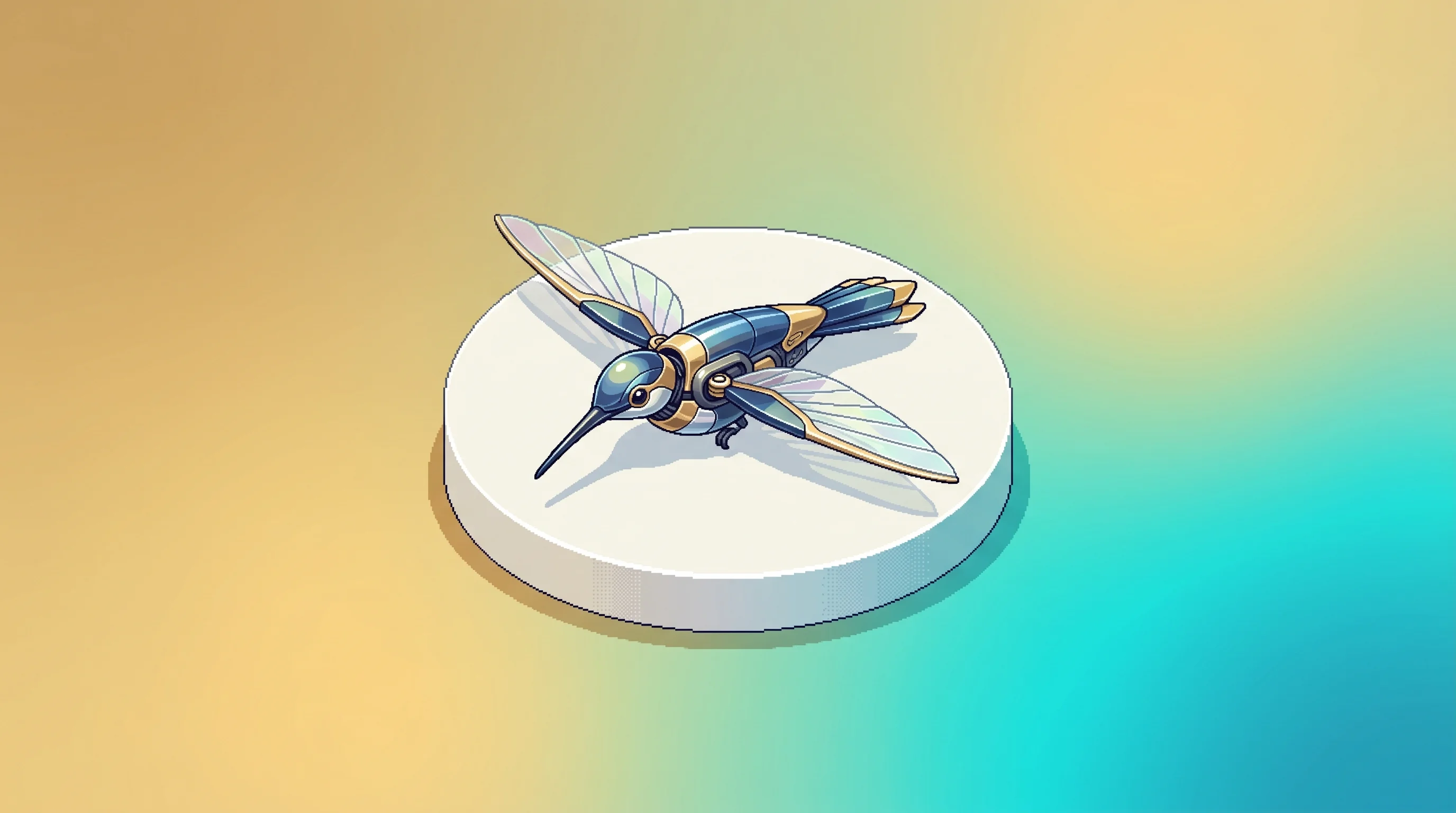 Digital illustration for article section "Market Realities and the Adoption Problem" in "Biomimetic Drones: Ornadyne's Bird-Like Robots Evade Detection" - A solitary, sleek mechanical hummingbird drone resting idle on a minimalist, empty display pedestal,...