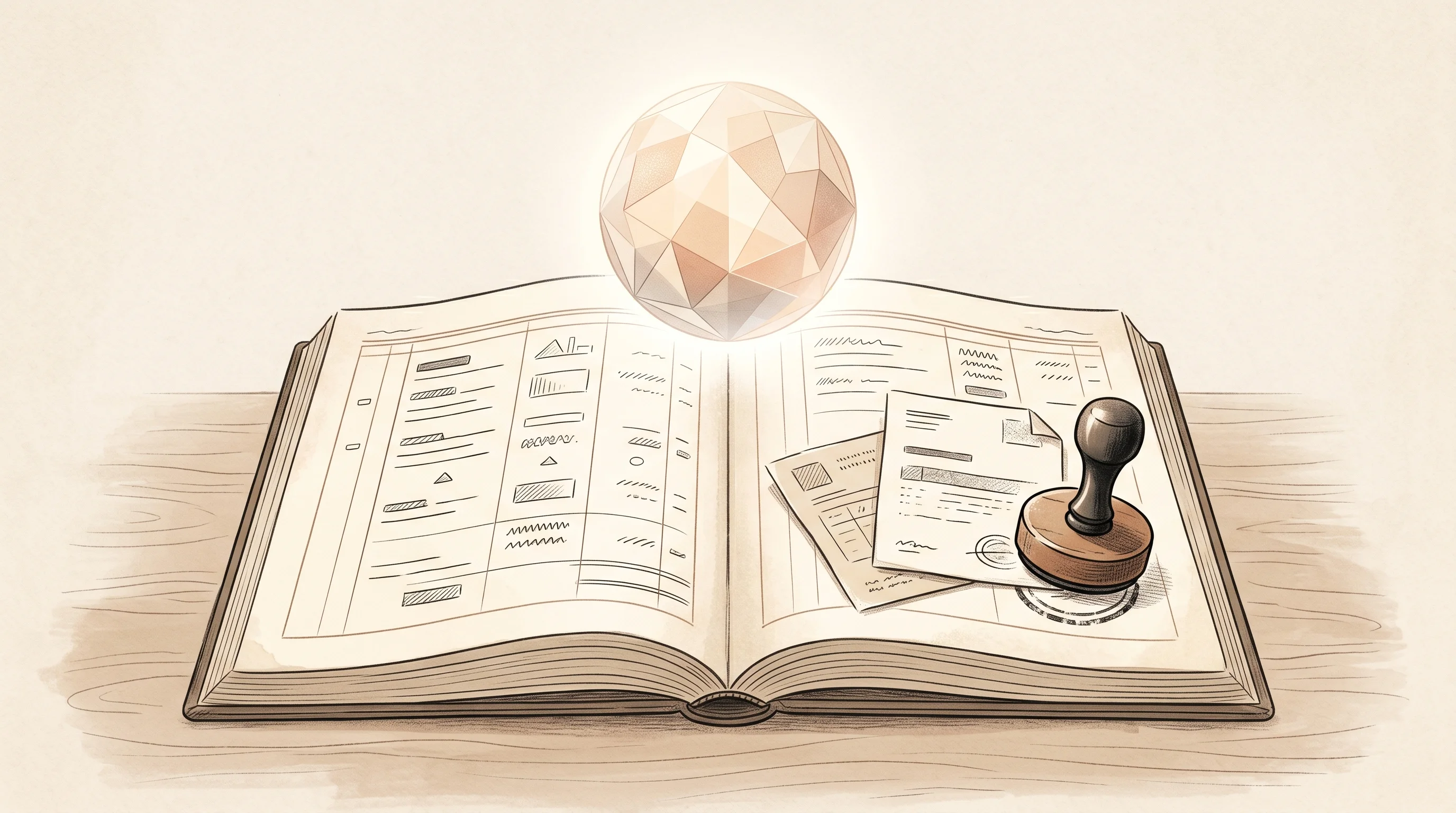 Digital illustration for article section "How the Industry Actually Uses AI" in "The Rise of AI-Native Hedge Funds: Autonomy Meets Asset Management" - A minimalist and conceptual illustration of back-office financial accounting and compliance, featuri...