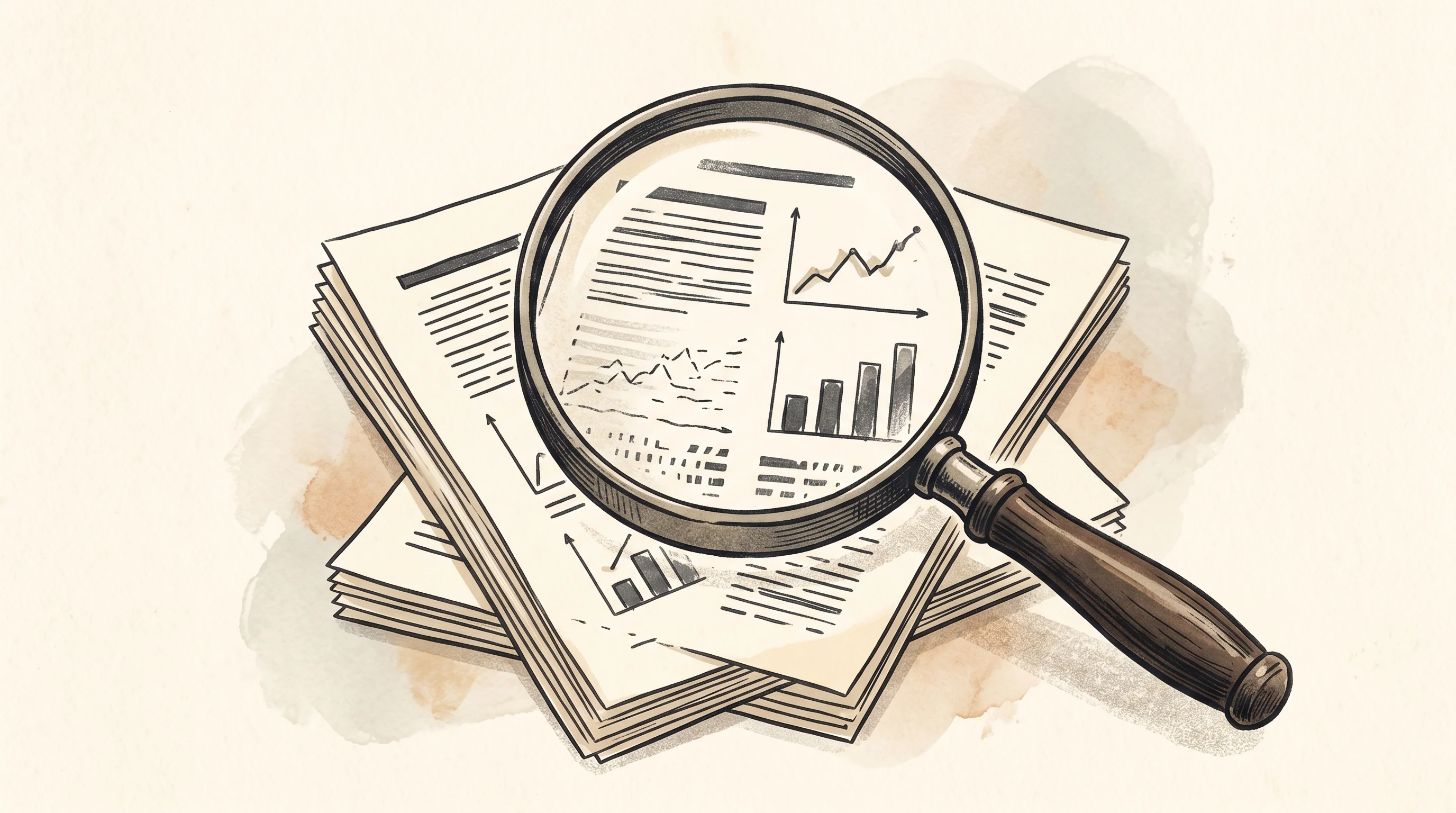 Digital illustration for article section "Academic Research Meets Market Reality" in "The Rise of AI-Native Hedge Funds: Autonomy Meets Asset Management" - A clean and minimal conceptual illustration of a large, classic magnifying glass inspecting a neat s...