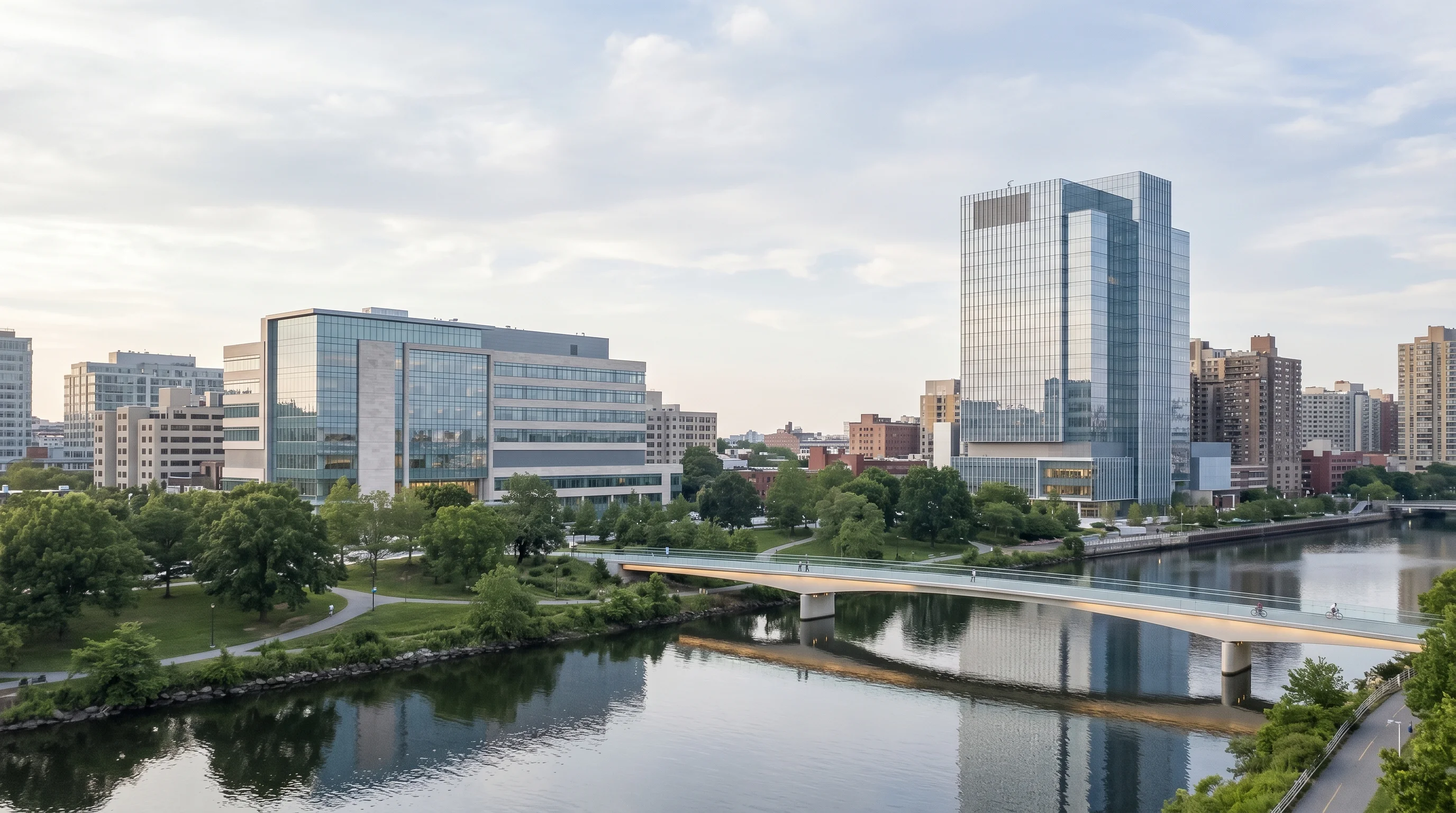 Digital illustration for article section "Clinical Validation Meets Consumer Play" in "PainDrainer Raises $670K in Q2 2026 to Scale FDA-Registered Pain Platform" - Create an image of two buildings that represent Newton-Wellesley Hospital and Weill Cornell Medical ...