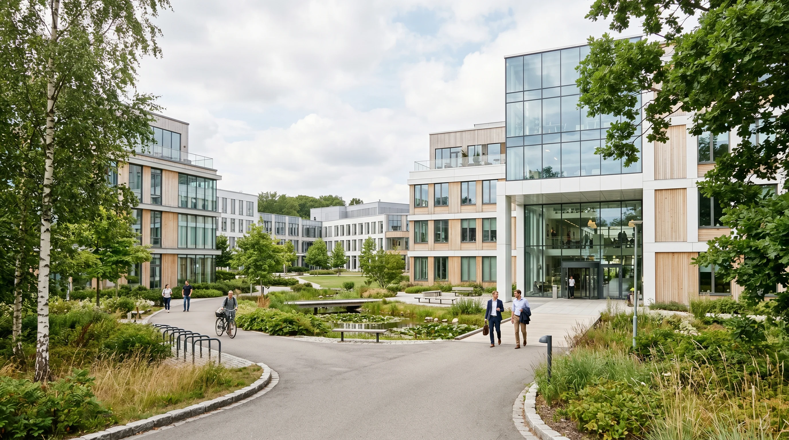 Digital illustration for article section "The Road Ahead" in "PainDrainer Raises $670K in Q2 2026 to Scale FDA-Registered Pain Platform" - Generate an image of a modern business district or tech park, representing Medicon Village. It shoul...
