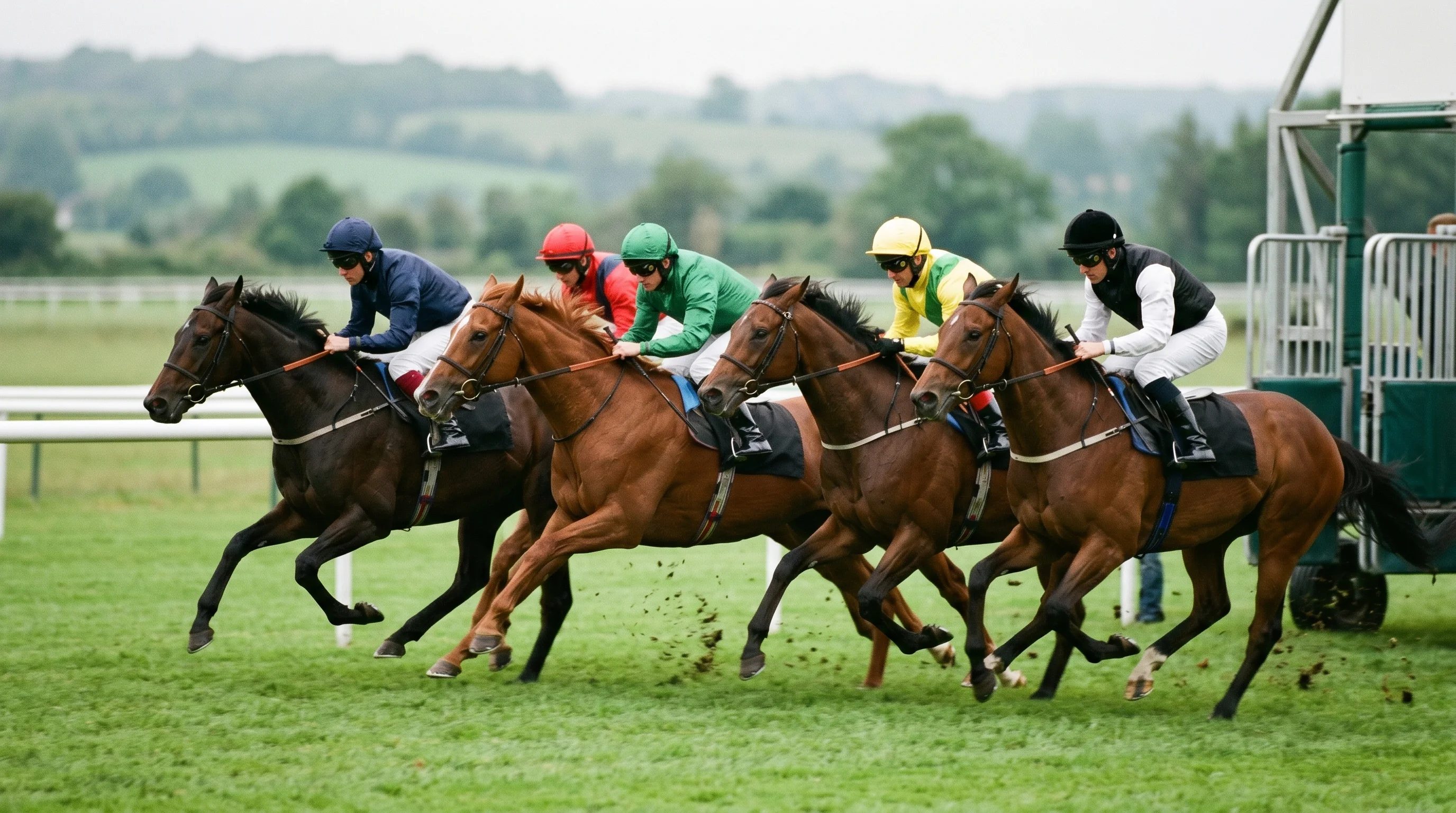 Digital illustration for article section "A Crowded Field, Different Bets" in "Flexprice Raises $1.5M for Open-Source AI Billing Platform" - Generate a realistic image of several racehorses at the start line, just as the race begins, to repr...