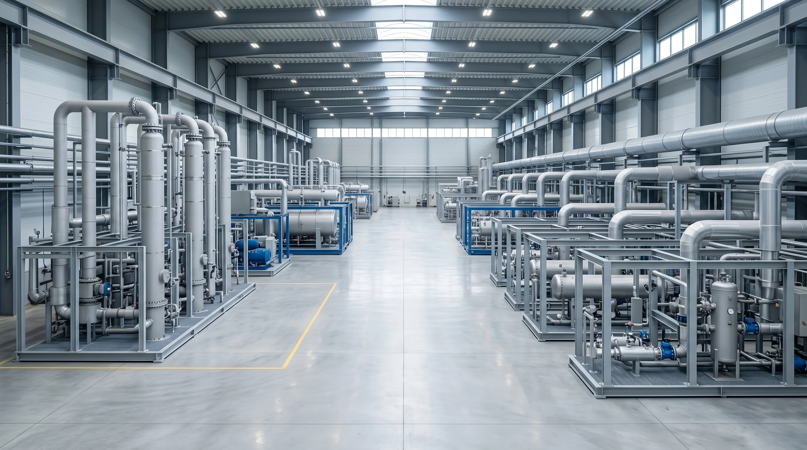 Digital illustration for article section "Building the Commercial Version" in "D-CRBN Raises €17.5M to Turn Industrial CO2 Into Chemical Gold" - Create an image of a large industrial factory floor with modular units. It should symbolize a large-...