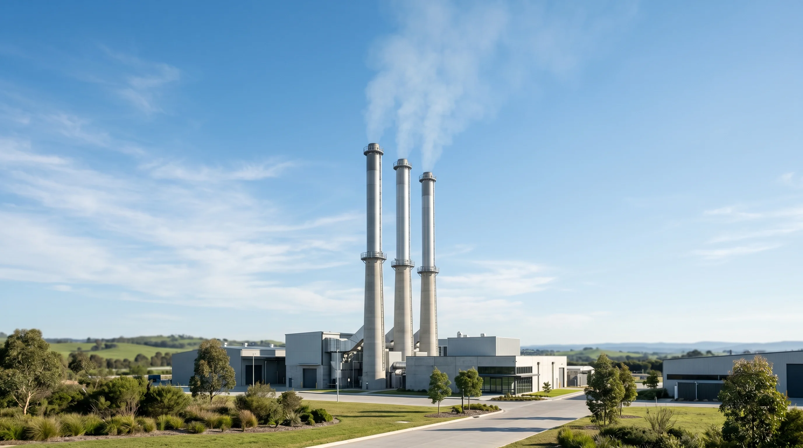 Digital illustration for article section "Carbon Economics Under Pressure" in "D-CRBN Raises €17.5M to Turn Industrial CO2 Into Chemical Gold" - Generate an image of industrial smokestacks with clean emission, symbolizing low CO2 emission. The s...