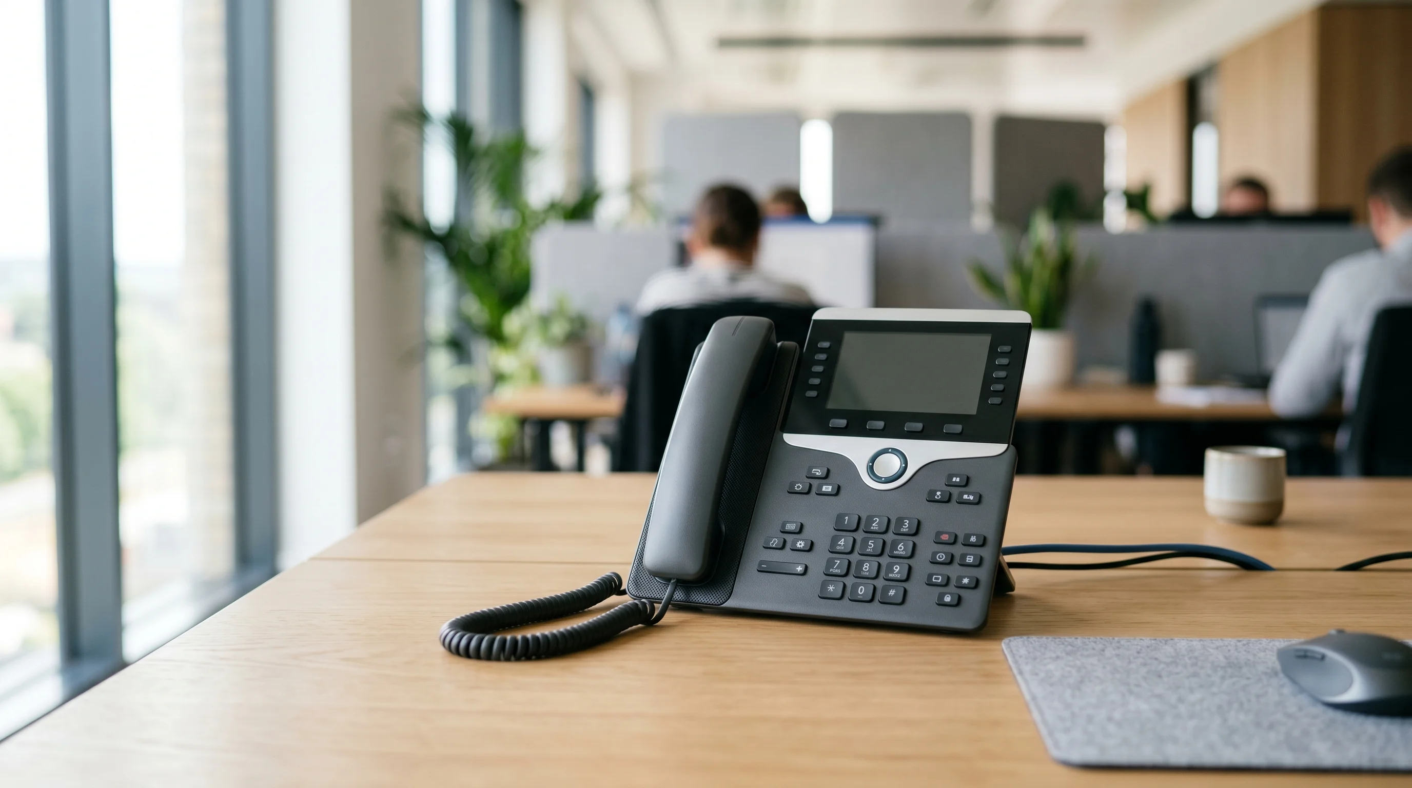 Digital illustration for article section "Embedding Into Hardware" in "Voxmind Secures £546K to Fill Voice ID Gap Left by Tech Giants" - Generate a realistic image of an IP phone on a desk in a modern office setting, representing the har...