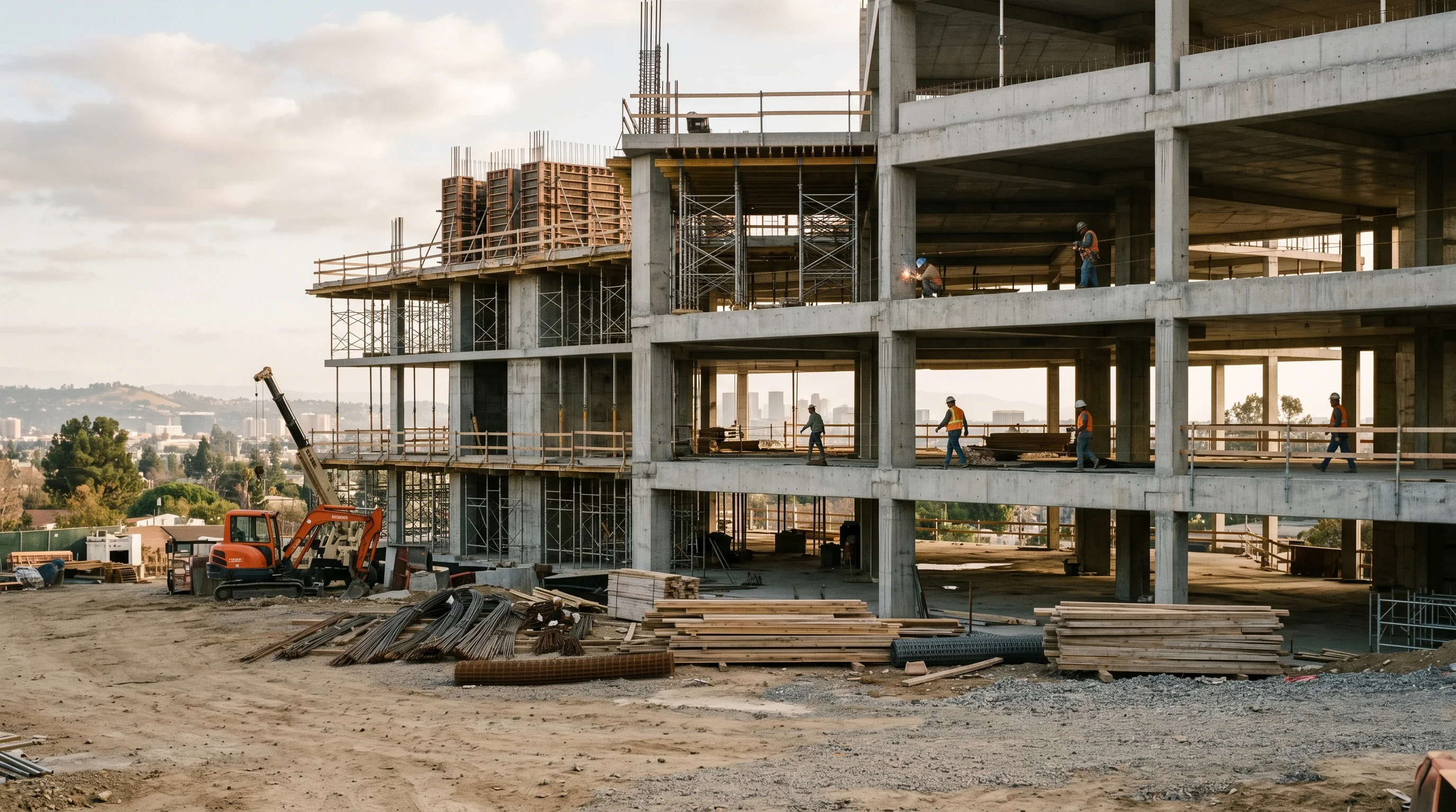 Digital illustration for article section "Timing the Labor Crunch" in "Opendoor Co-Founder's NavigateAI Raises $25M Seed at $225M Valuation" - Generate a realistic image of a construction site with few workers, reflecting the labor gap in the ...