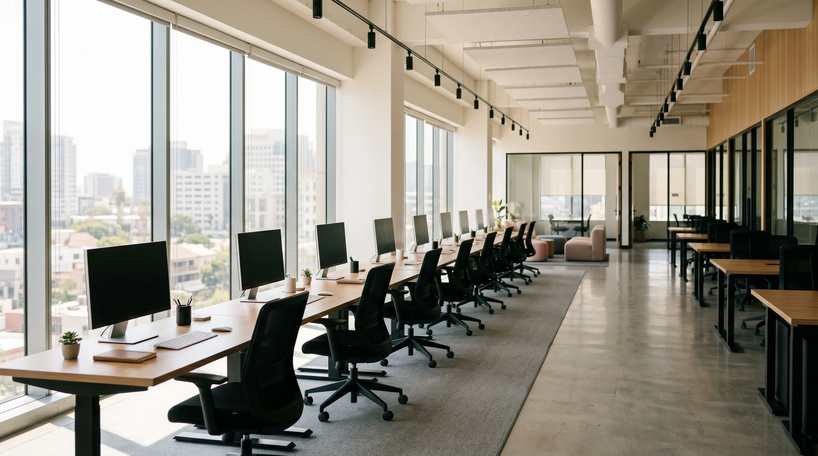 Digital illustration for article section "The $225 Million Question" in "Opendoor Co-Founder's NavigateAI Raises $25M Seed at $225M Valuation" - Generate a realistic image of a modern, open-plan office space with empty chairs and desks, signifyi...